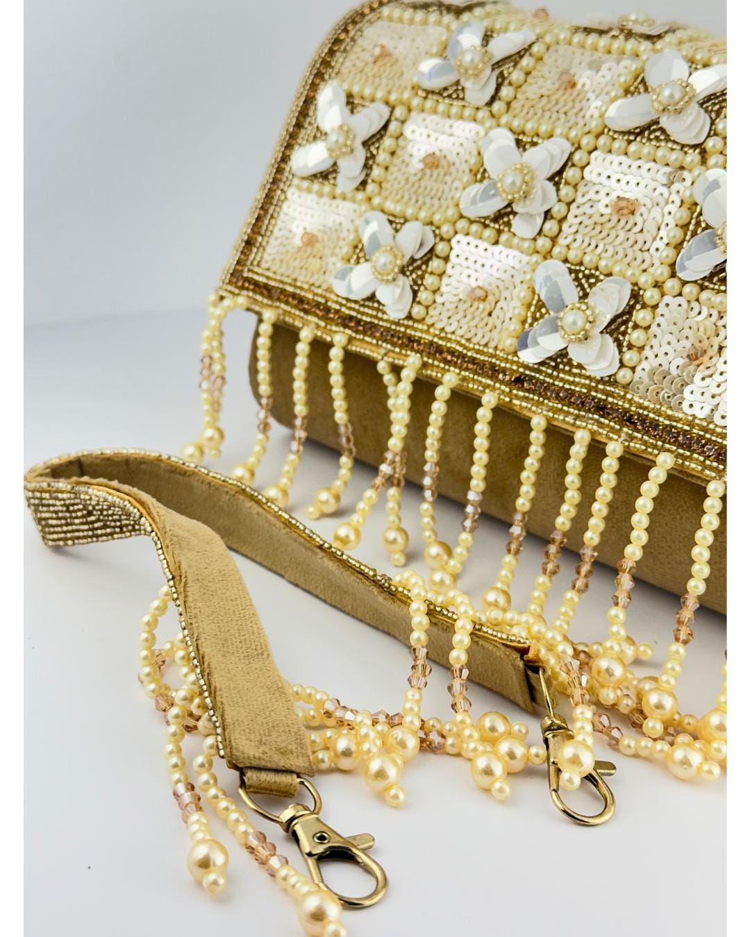 Luxury Handcrafted Beaded Clutch Purse with Pearl & Sequin Floral Embellishments – Elegant Evening Bag for Weddings & Parties (BLACKLUXE CRAFTS)