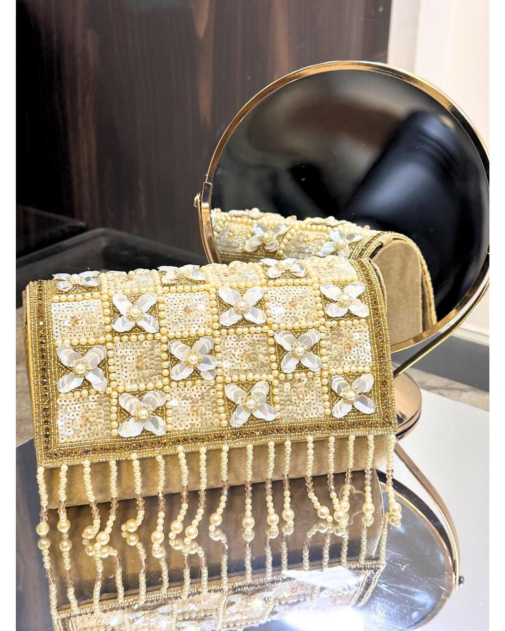 Luxury Handcrafted Beaded Clutch Purse with Pearl & Sequin Floral Embellishments – Elegant Evening Bag for Weddings & Parties (BLACKLUXE CRAFTS)