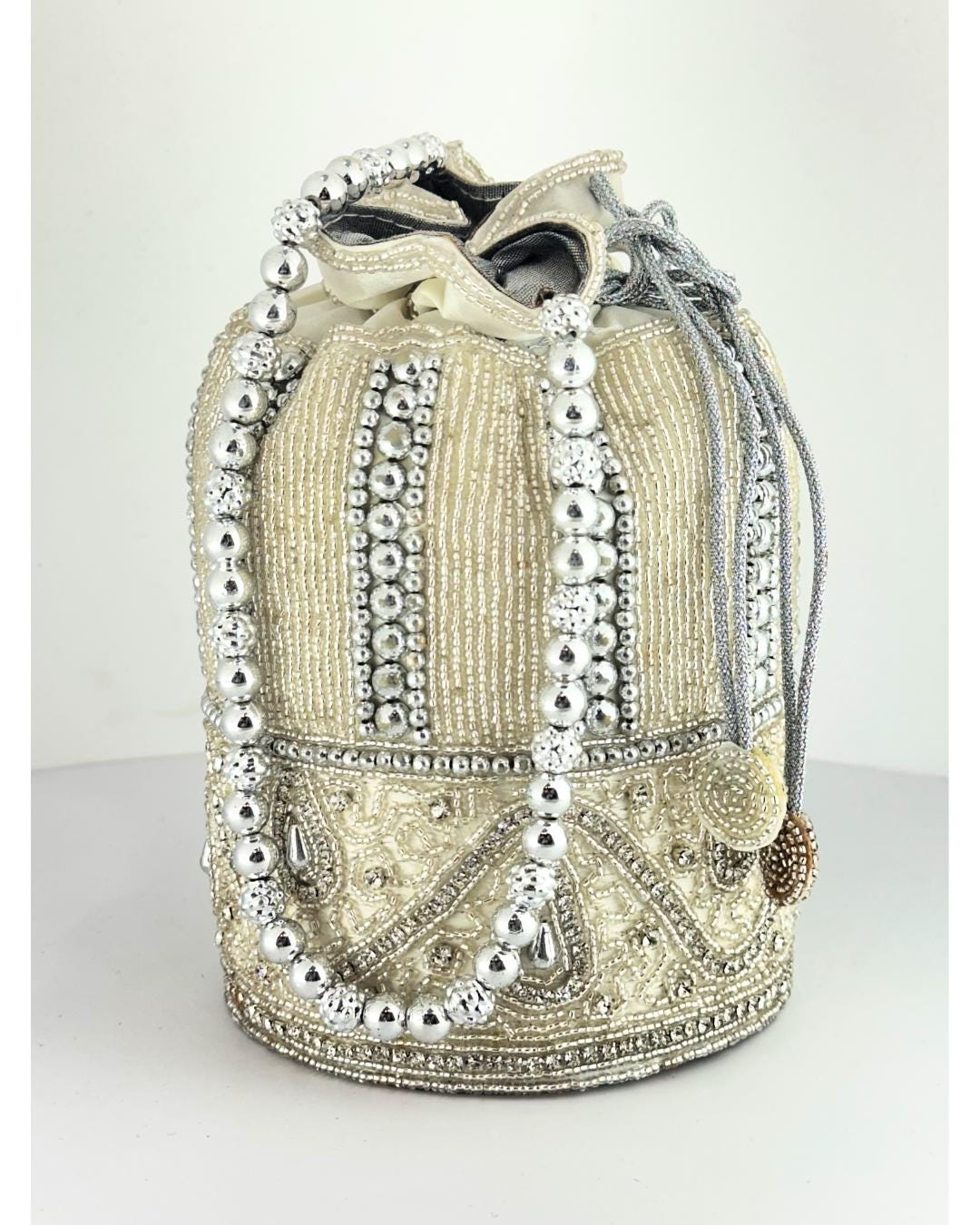 Handcrafted Silver Beaded Potli Bag – Luxury Bridal & Party Clutch Purse with Drawstring for Weddings & Special Occasions (BLACKLUXE CRAFTS)