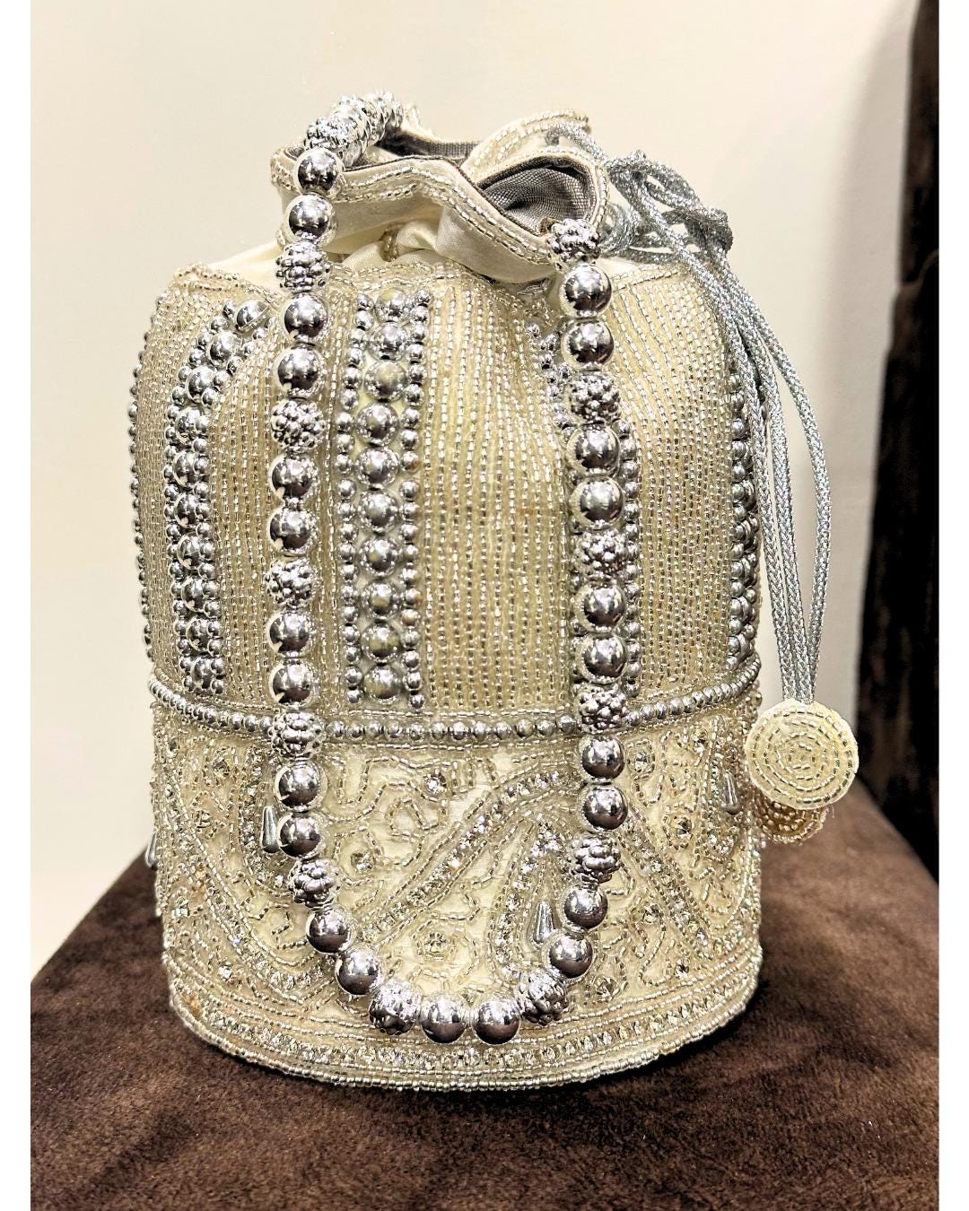 Handcrafted Silver Beaded Potli Bag – Luxury Bridal & Party Clutch Purse with Drawstring for Weddings & Special Occasions (BLACKLUXE CRAFTS)