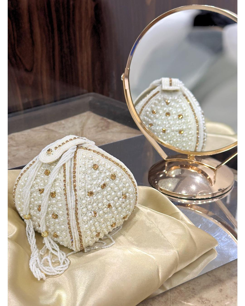 Luxury Handcrafted Pearl Beaded Potli Bag with Gold Crystal Embellishments – Elegant Bridal & Wedding Drawstring Purse for Parties & Special Occasions (BLACKLUXE CRAFTS)
