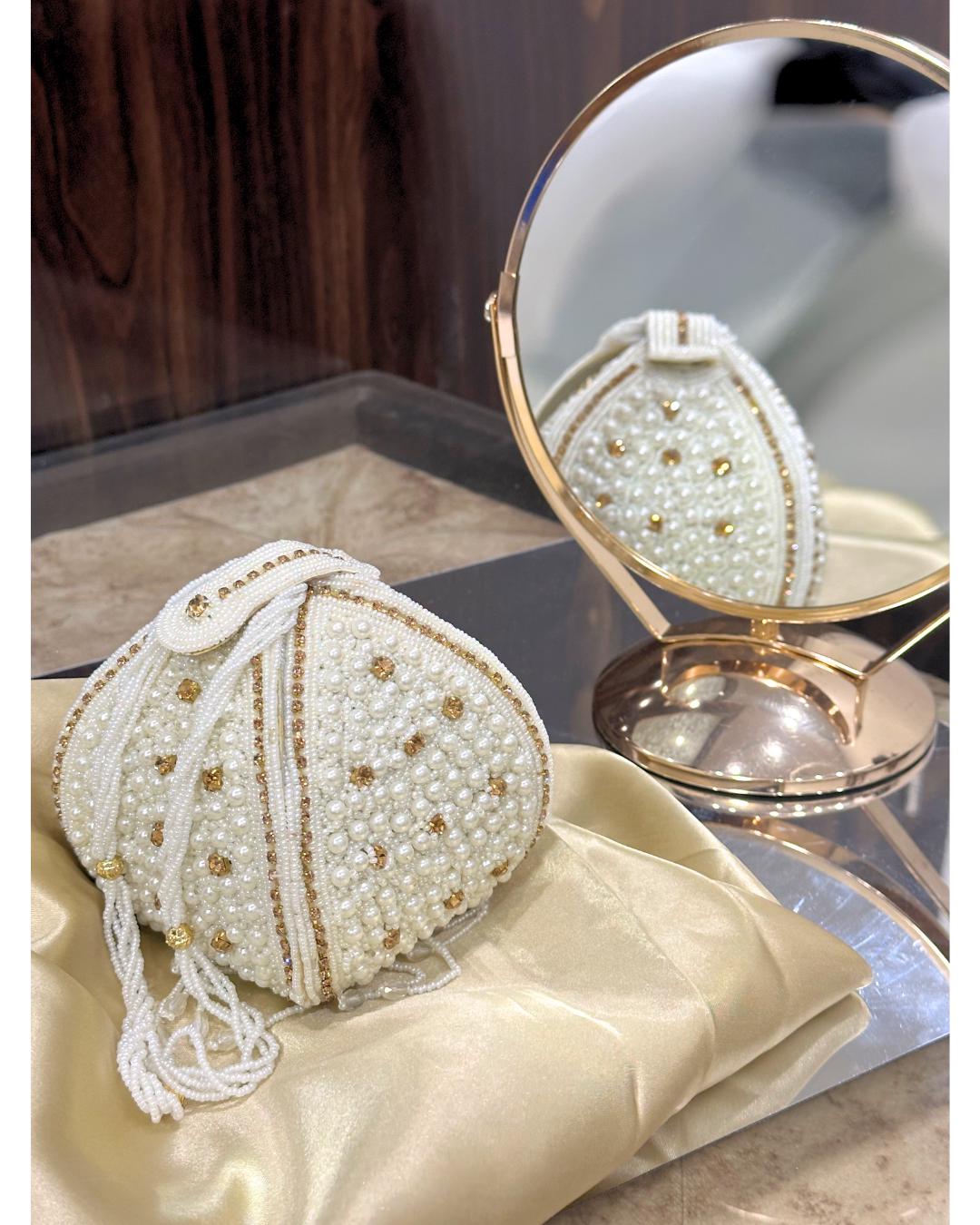 Luxury Handcrafted Pearl Beaded Potli Bag with Gold Crystal Embellishments – Elegant Bridal & Wedding Drawstring Purse for Parties & Special Occasions (BLACKLUXE CRAFTS)