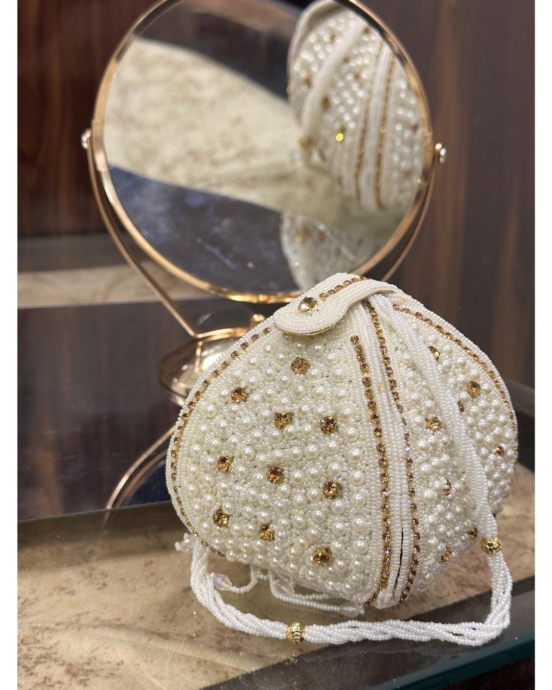 Luxury Handcrafted Pearl Beaded Potli Bag with Gold Crystal Embellishments – Elegant Bridal & Wedding Drawstring Purse for Parties & Special Occasions (BLACKLUXE CRAFTS)