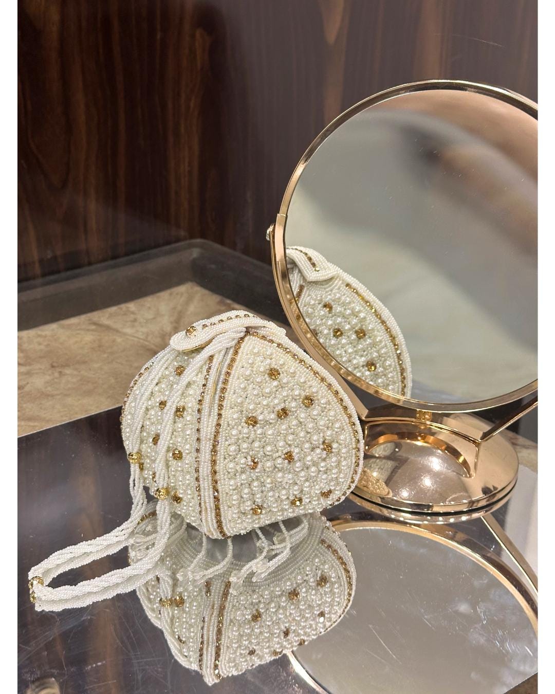 Luxury Handcrafted Pearl Beaded Potli Bag with Gold Crystal Embellishments – Elegant Bridal & Wedding Drawstring Purse for Parties & Special Occasions (BLACKLUXE CRAFTS)