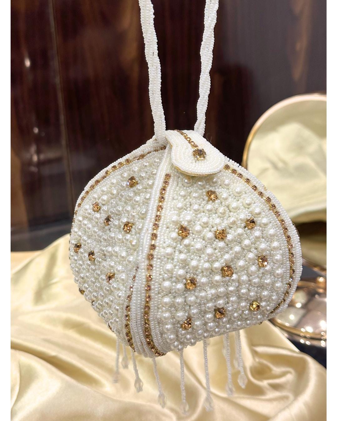 Luxury Handcrafted Pearl Beaded Potli Bag with Gold Crystal Embellishments – Elegant Bridal & Wedding Drawstring Purse for Parties & Special Occasions (BLACKLUXE CRAFTS)