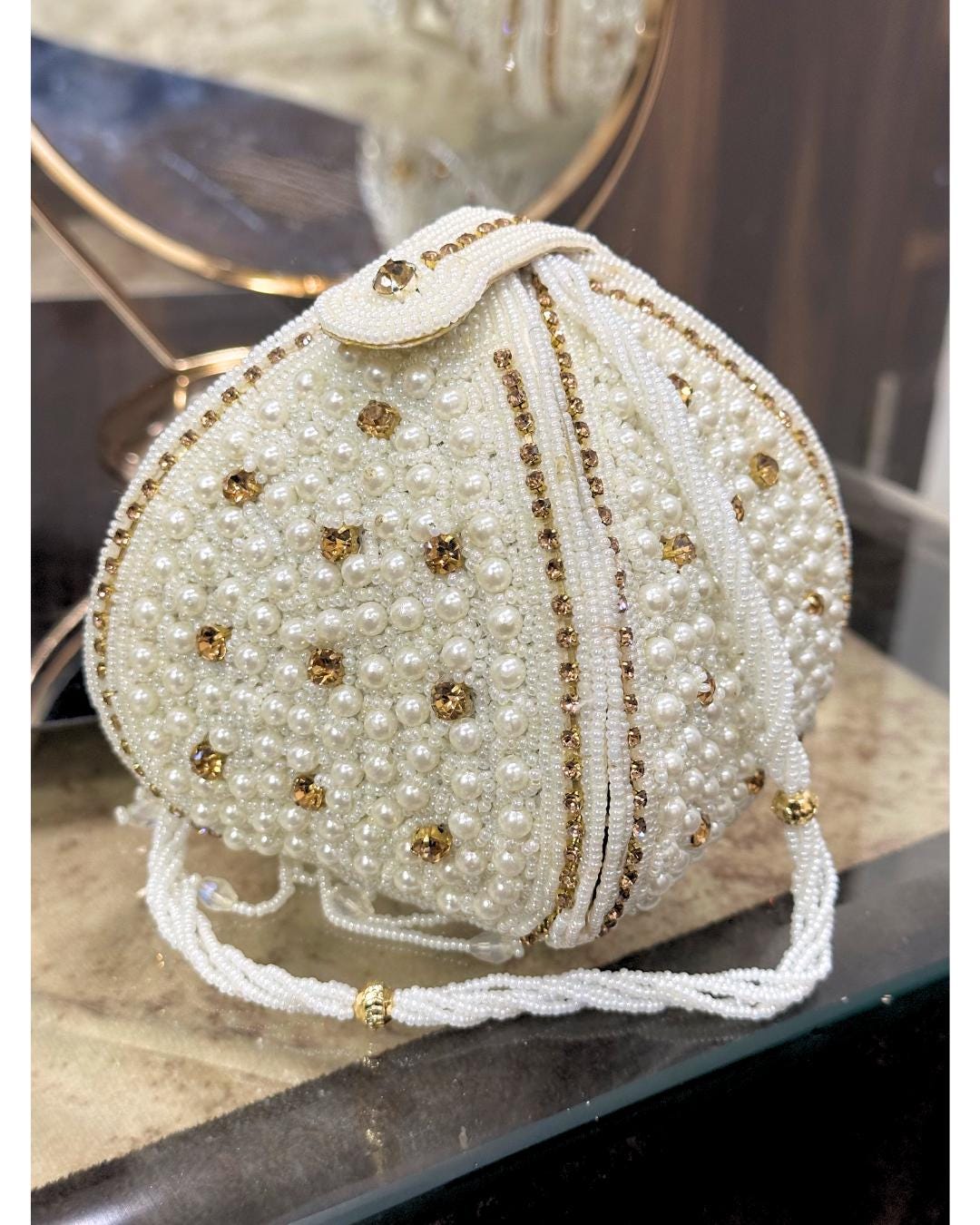 Luxury Handcrafted Pearl Beaded Potli Bag with Gold Crystal Embellishments – Elegant Bridal & Wedding Drawstring Purse for Parties & Special Occasions (BLACKLUXE CRAFTS)
