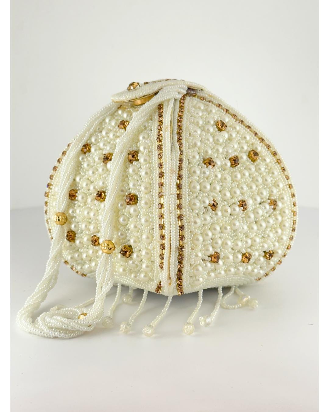 Luxury Handcrafted Pearl Beaded Potli Bag with Gold Crystal Embellishments – Elegant Bridal & Wedding Drawstring Purse for Parties & Special Occasions (BLACKLUXE CRAFTS)