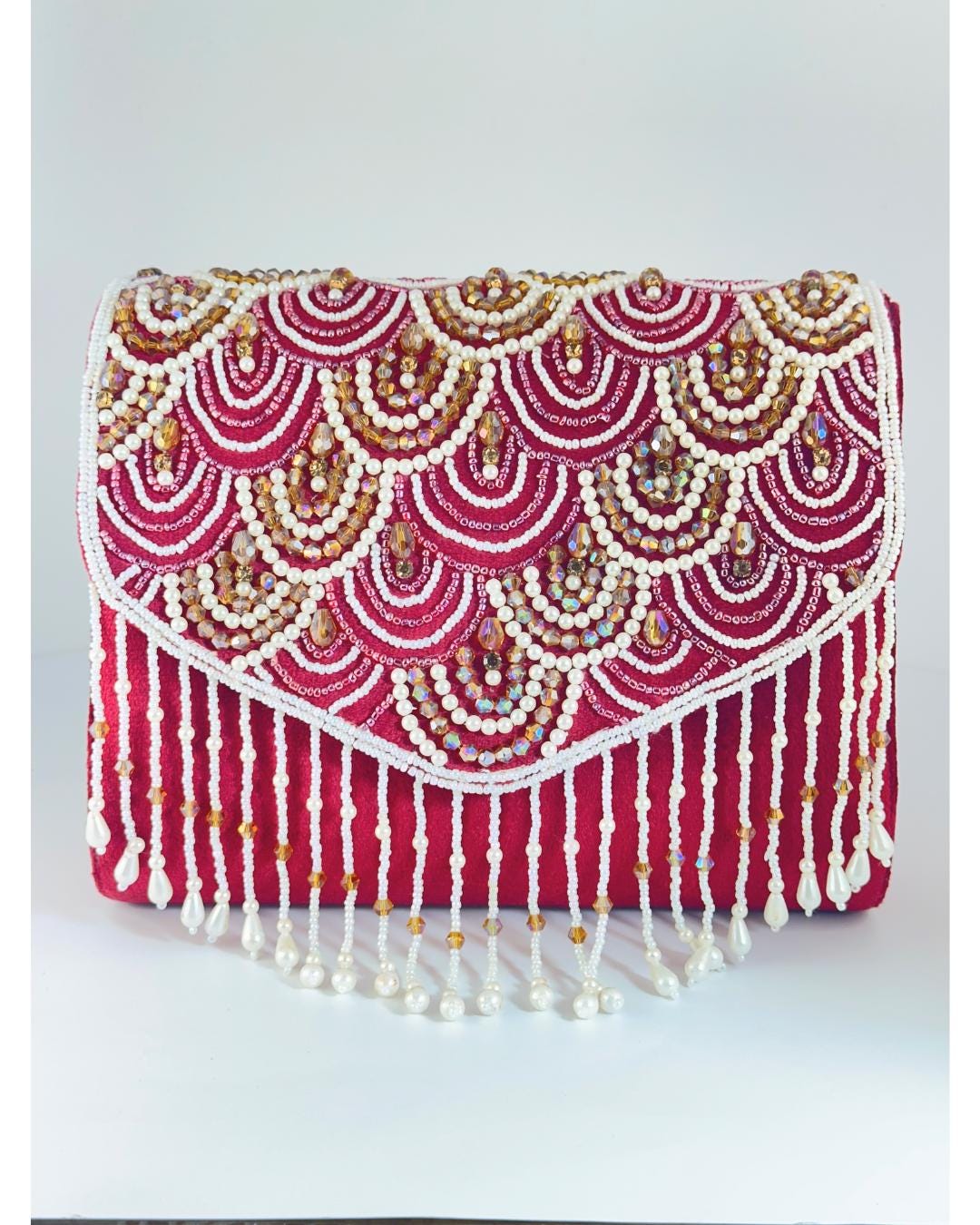 Handcrafted Red Beaded Clutch Purse with Pearl Fringe & Sequin Embellishments – Luxury Bridal & Party Evening Bag for Weddings & Festive Occasions (BLACKLUXE CRAFTS)