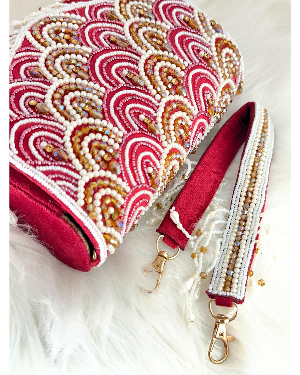 Handcrafted Red Beaded Clutch Purse with Pearl Fringe & Sequin Embellishments – Luxury Bridal & Party Evening Bag for Weddings & Festive Occasions (BLACKLUXE CRAFTS)