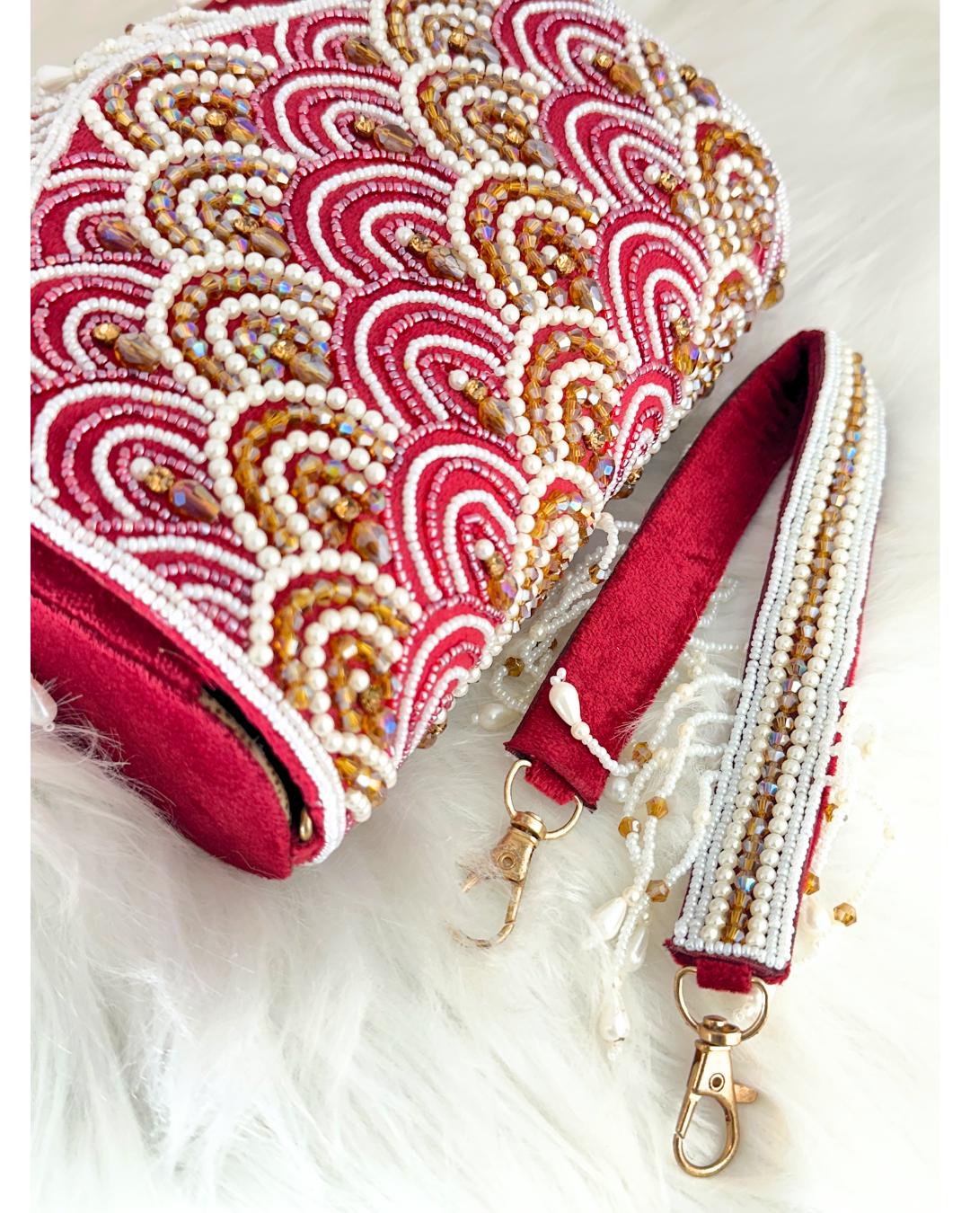 Handcrafted Red Beaded Clutch Purse with Pearl Fringe & Sequin Embellishments – Luxury Bridal & Party Evening Bag for Weddings & Festive Occasions (BLACKLUXE CRAFTS)