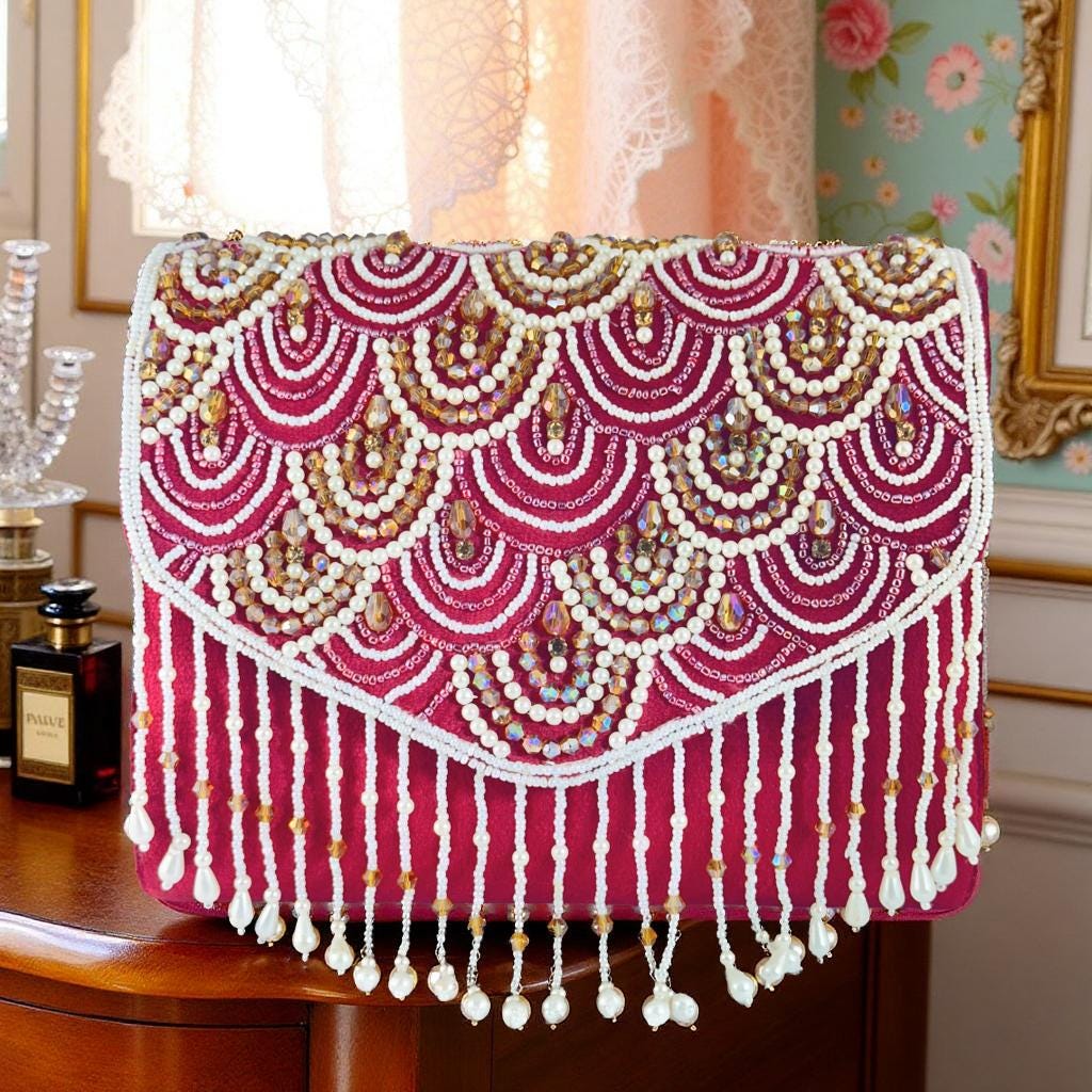 Handcrafted Red Beaded Clutch Purse with Pearl Fringe & Sequin Embellishments – Luxury Bridal & Party Evening Bag for Weddings & Festive Occasions (BLACKLUXE CRAFTS)