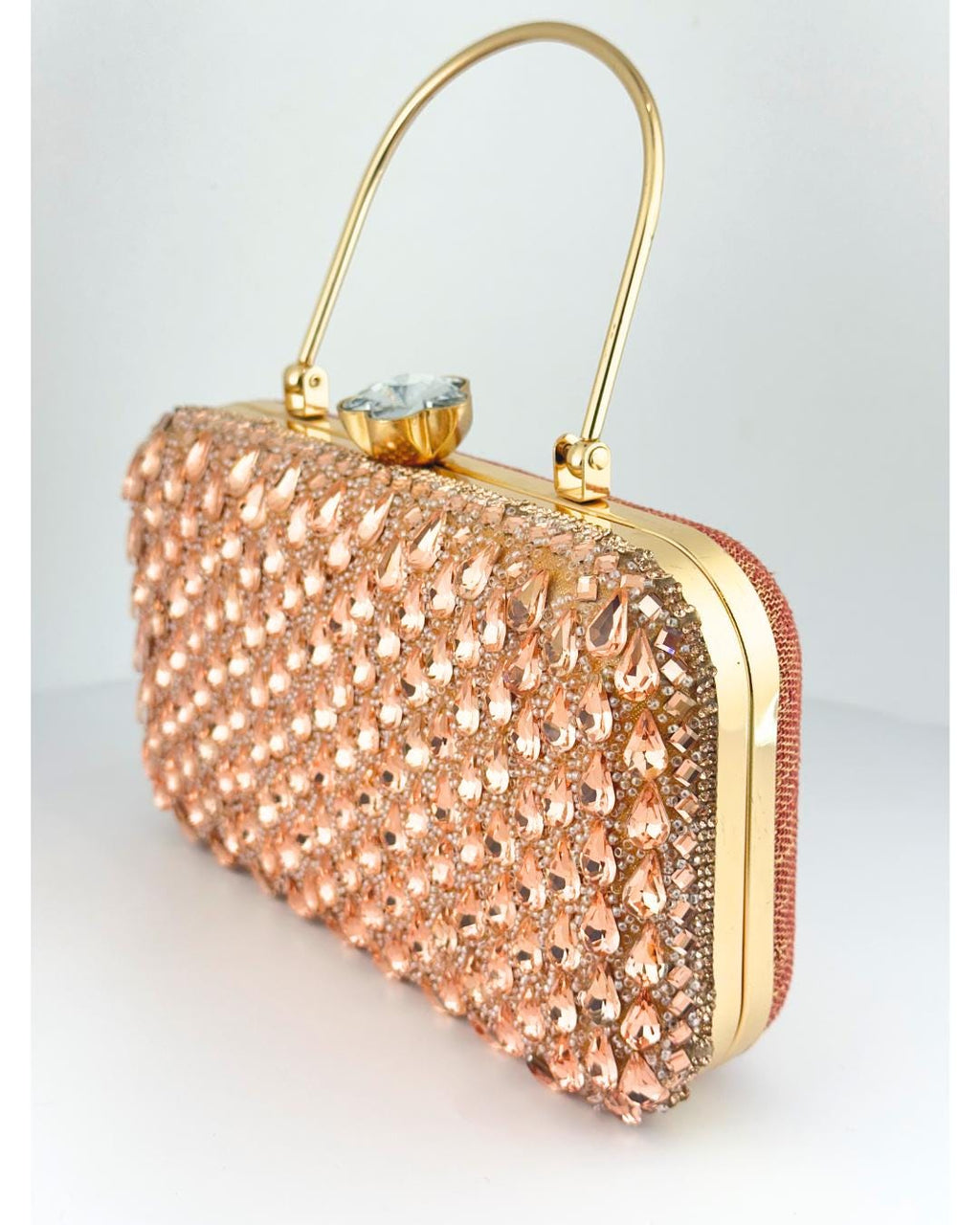 Luxury Rose Gold Crystal Embellished Box Clutch with Handle – Elegant Evening Purse for Weddings, Parties & Special Occasions (BLACKLUXE CRAFTS)