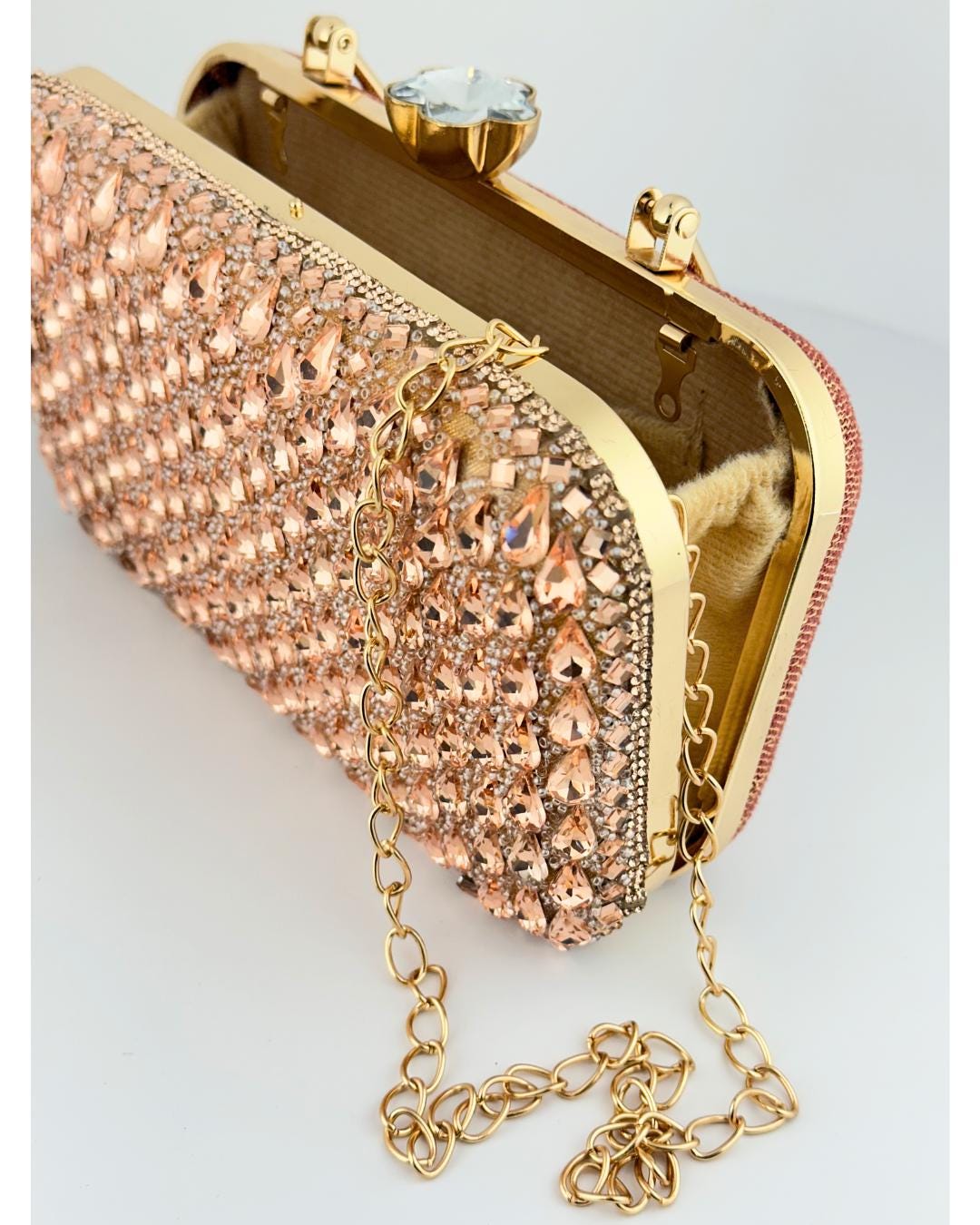 Luxury Rose Gold Crystal Embellished Box Clutch with Handle – Elegant Evening Purse for Weddings, Parties & Special Occasions (BLACKLUXE CRAFTS)