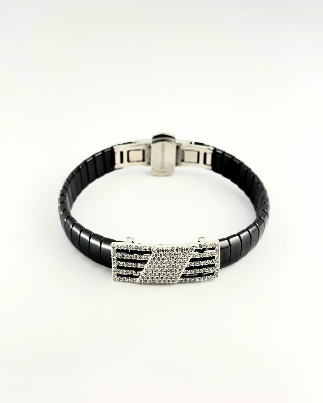 Luxury Black Stainless Steel Bracelet with Diamond-Cut Crystal Plate – Modern Unisex Adjustable Fashion Bangle (BLACKLUXE CRAFTS)