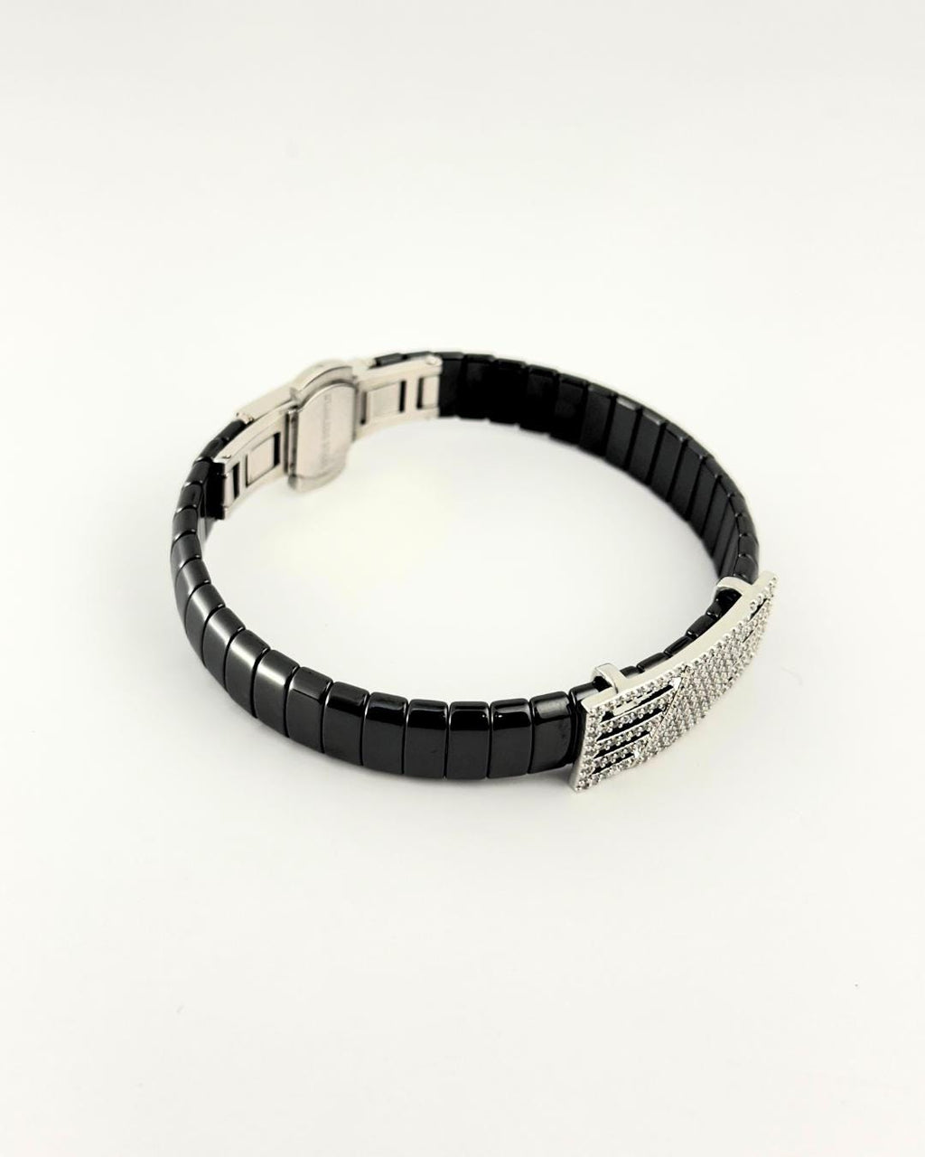 Luxury Black Stainless Steel Bracelet with Diamond-Cut Crystal Plate – Modern Unisex Adjustable Fashion Bangle (BLACKLUXE CRAFTS)