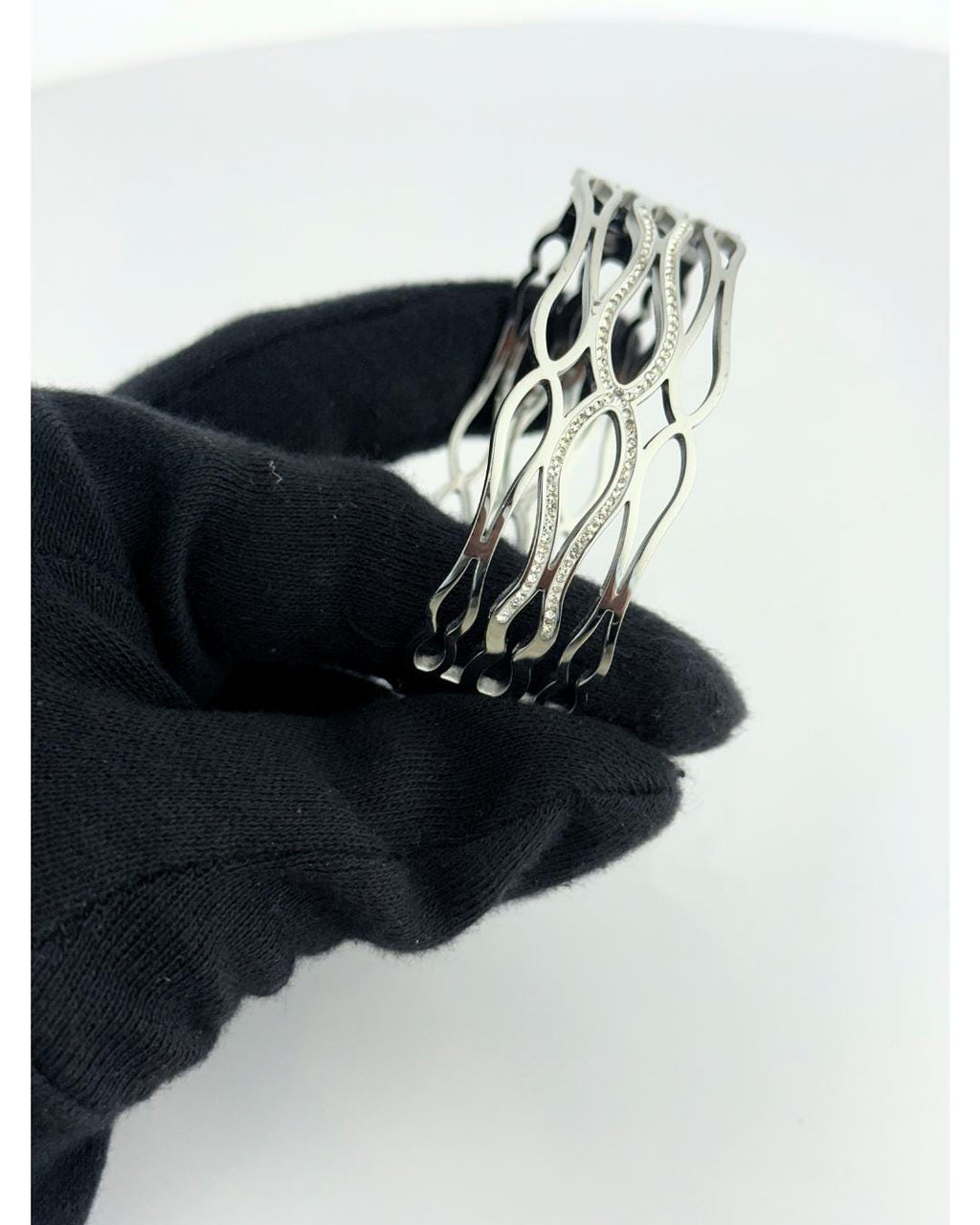 Elegant Silver Openwork Bangle Bracelet – Contemporary Cut-Out Design with Sparkling Accents | Modern Women’s Fashion Jewelry (BLACKLUXE CRAFTS)