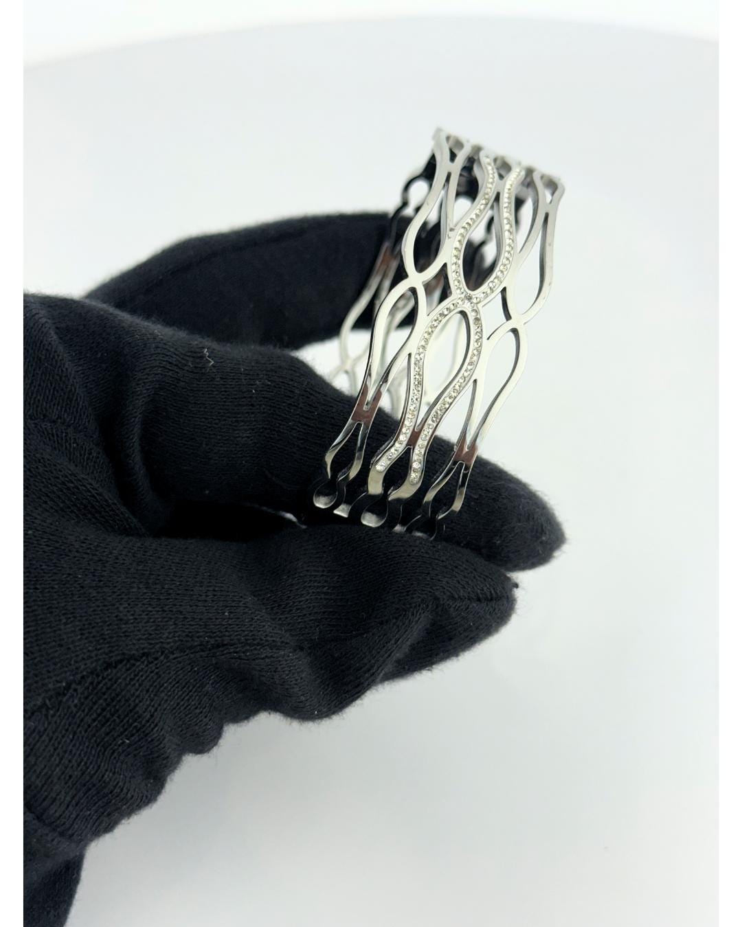 Elegant Silver Openwork Bangle Bracelet – Contemporary Cut-Out Design with Sparkling Accents | Modern Women’s Fashion Jewelry (BLACKLUXE CRAFTS)