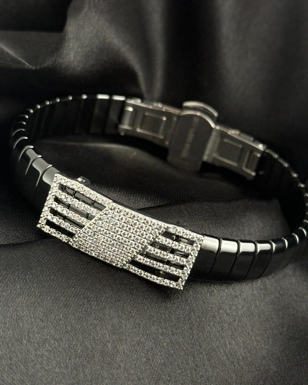 Luxury Black Stainless Steel Bracelet with Diamond-Cut Crystal Plate – Modern Unisex Adjustable Fashion Bangle (BLACKLUXE CRAFTS)