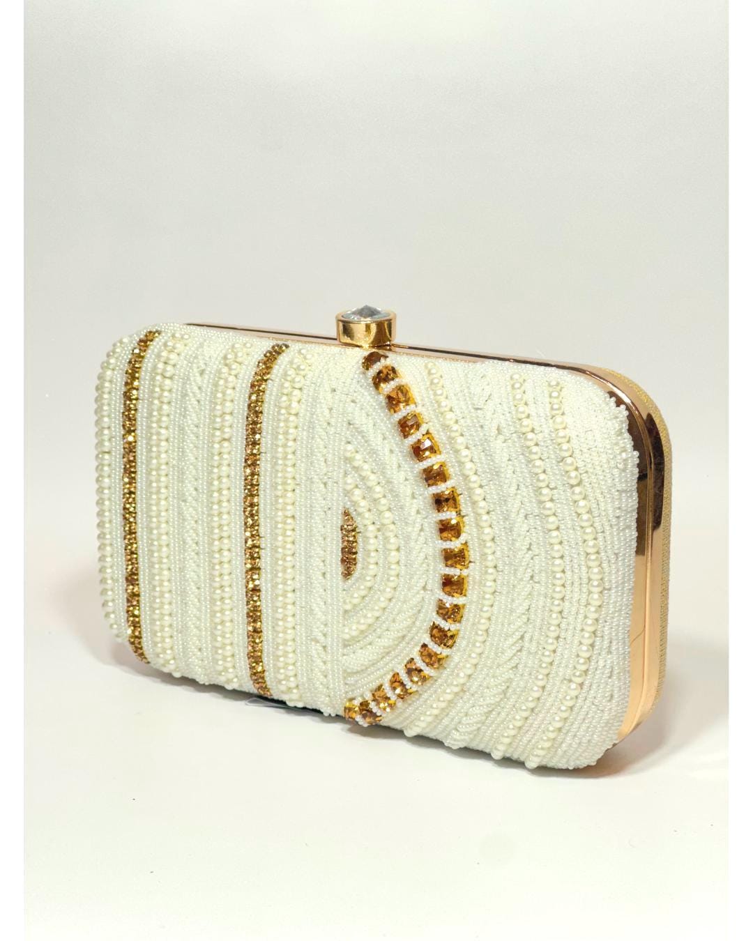 Handcrafted White Beaded Box Clutch with Gold Sequin Accents – Elegant Bridal & Evening Purse for Weddings, Parties & Special Occasions (BLACKLUXE CRAFTS)