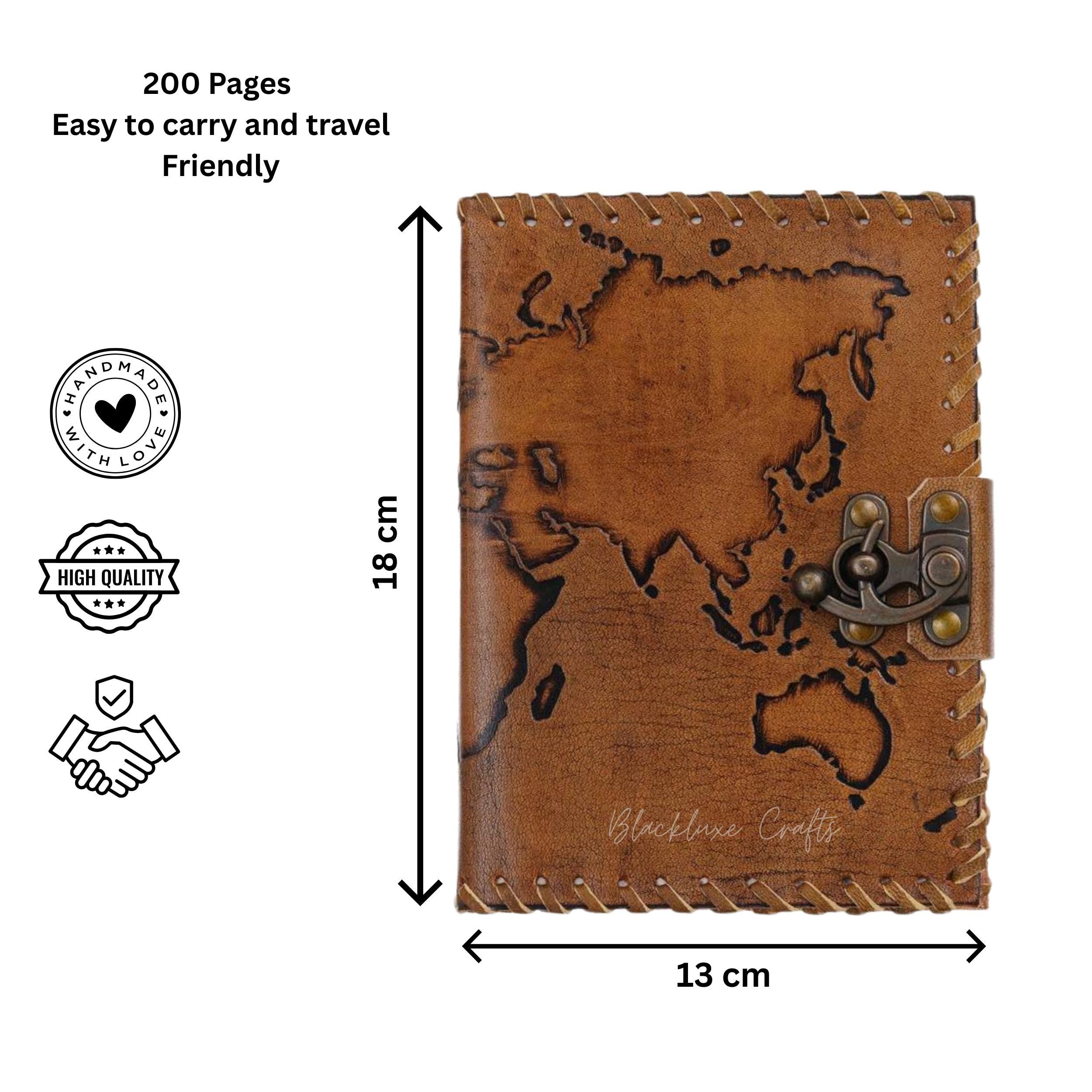Handmade Leather Travel Journal with World Map Refillable Rustic Diary (BLACKLUXE CRAFTS)