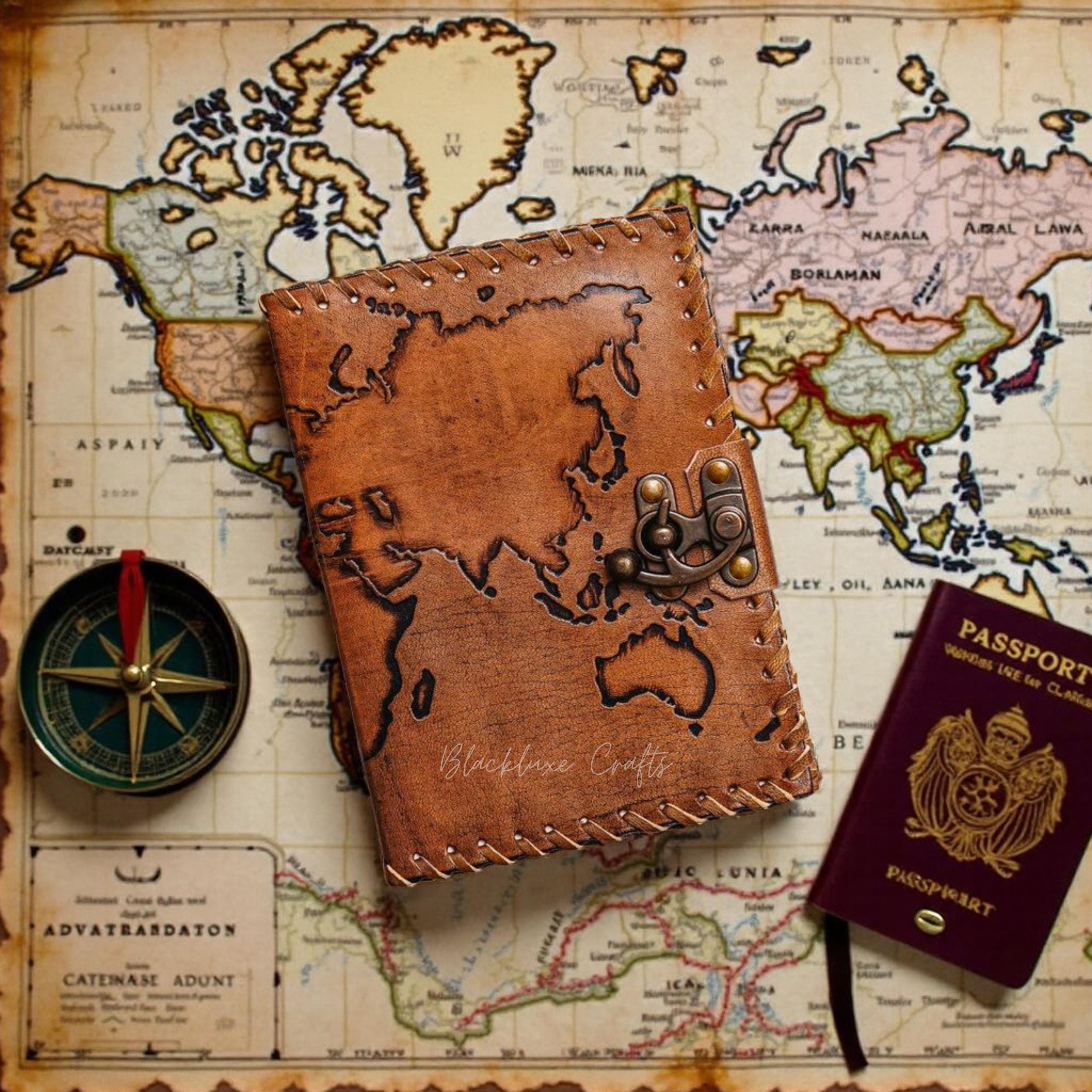 Handmade Leather Travel Journal with World Map Refillable Rustic Diary (BLACKLUXE CRAFTS)