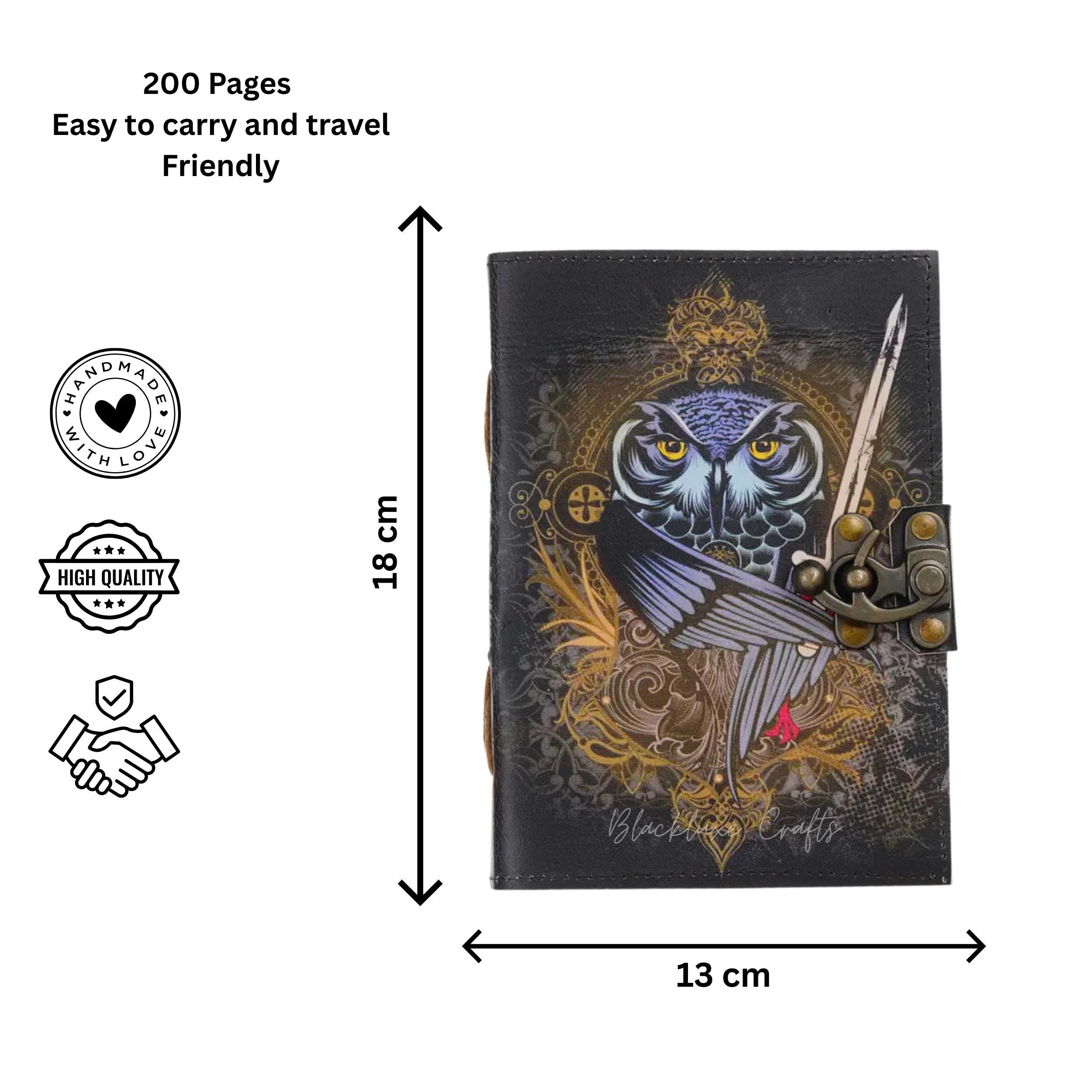Owl Journal with Lock: Gothic Leather Writing Notebook, Handmade Grimoire (BLACKLUXE CRAFTS)