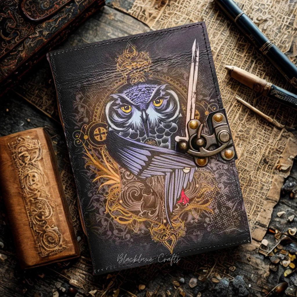 Owl Journal with Lock: Gothic Leather Writing Notebook, Handmade Grimoire (BLACKLUXE CRAFTS)
