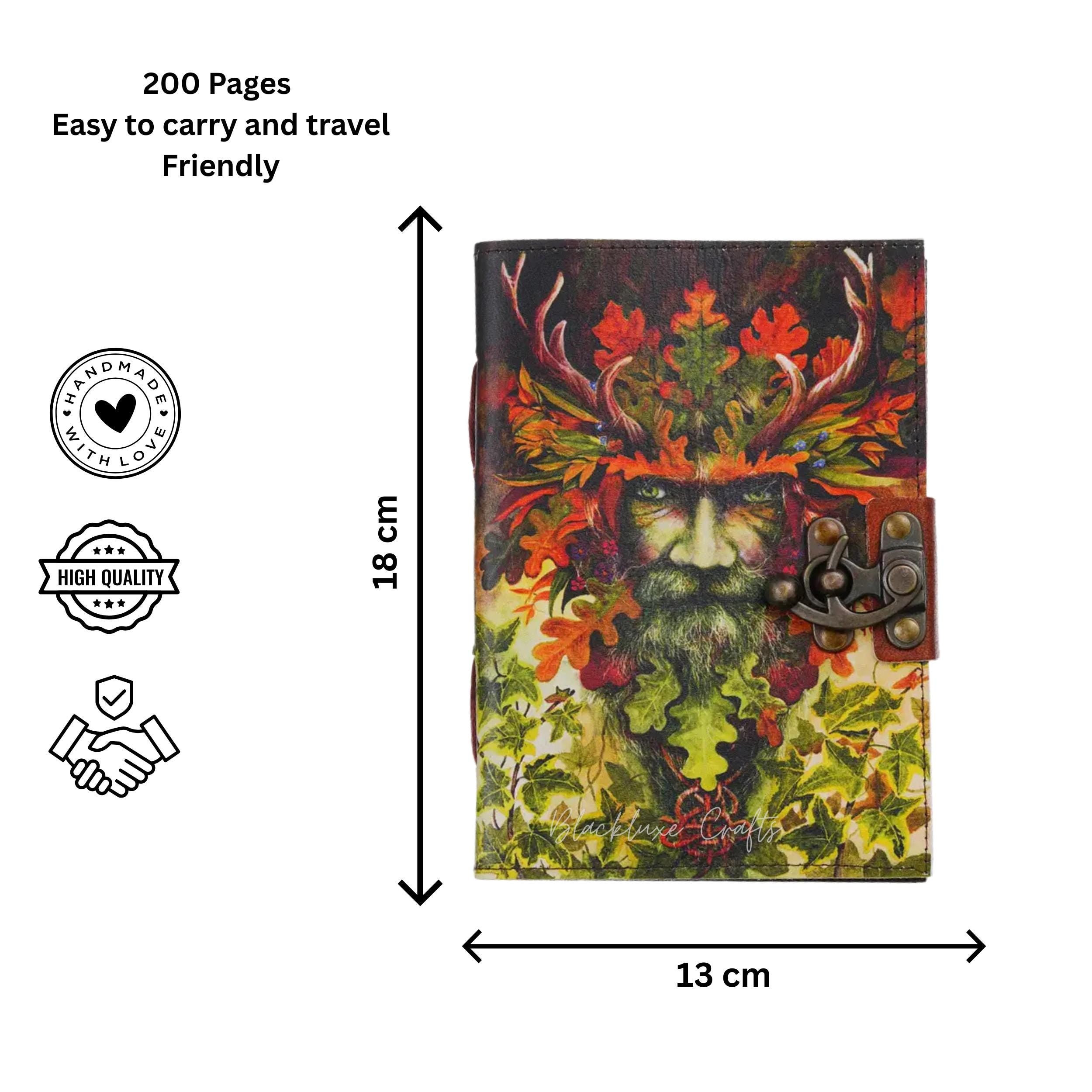 Green Man Leather Journal with Clasp Pagan Grimoire, Celtic Diary (BLACKLUXE CRAFTS)