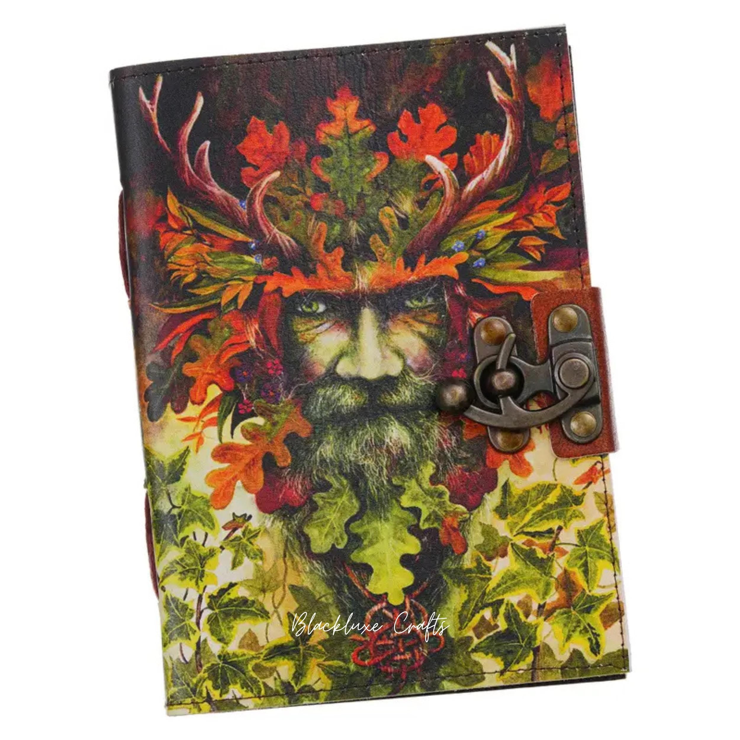 Green Man Leather Journal with Clasp Pagan Grimoire, Celtic Diary (BLACKLUXE CRAFTS)