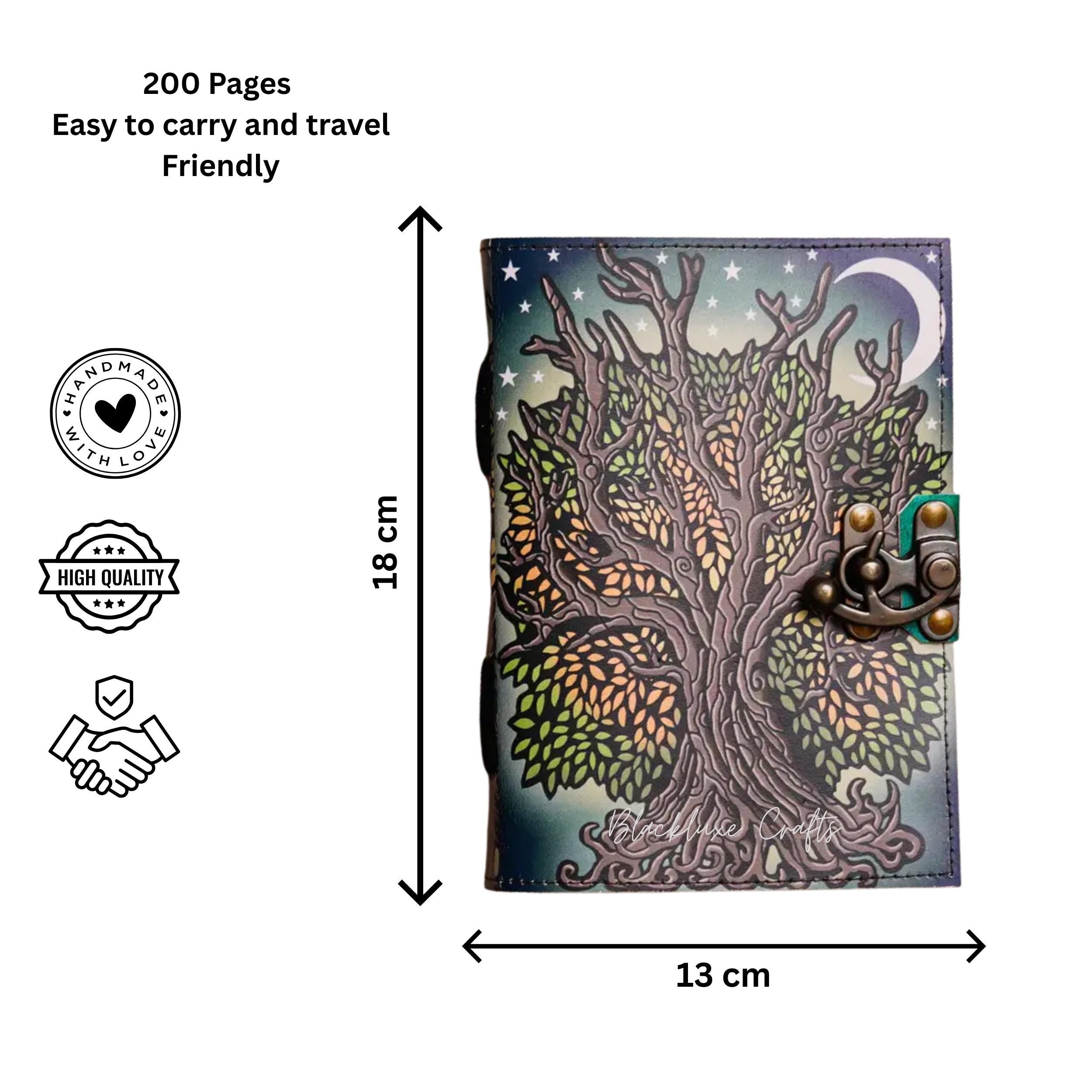 Tree of Life Journal with Lock Pagan Grimoire, Moon & Stars Leather Journal (BLACKLUXE CRAFTS)
