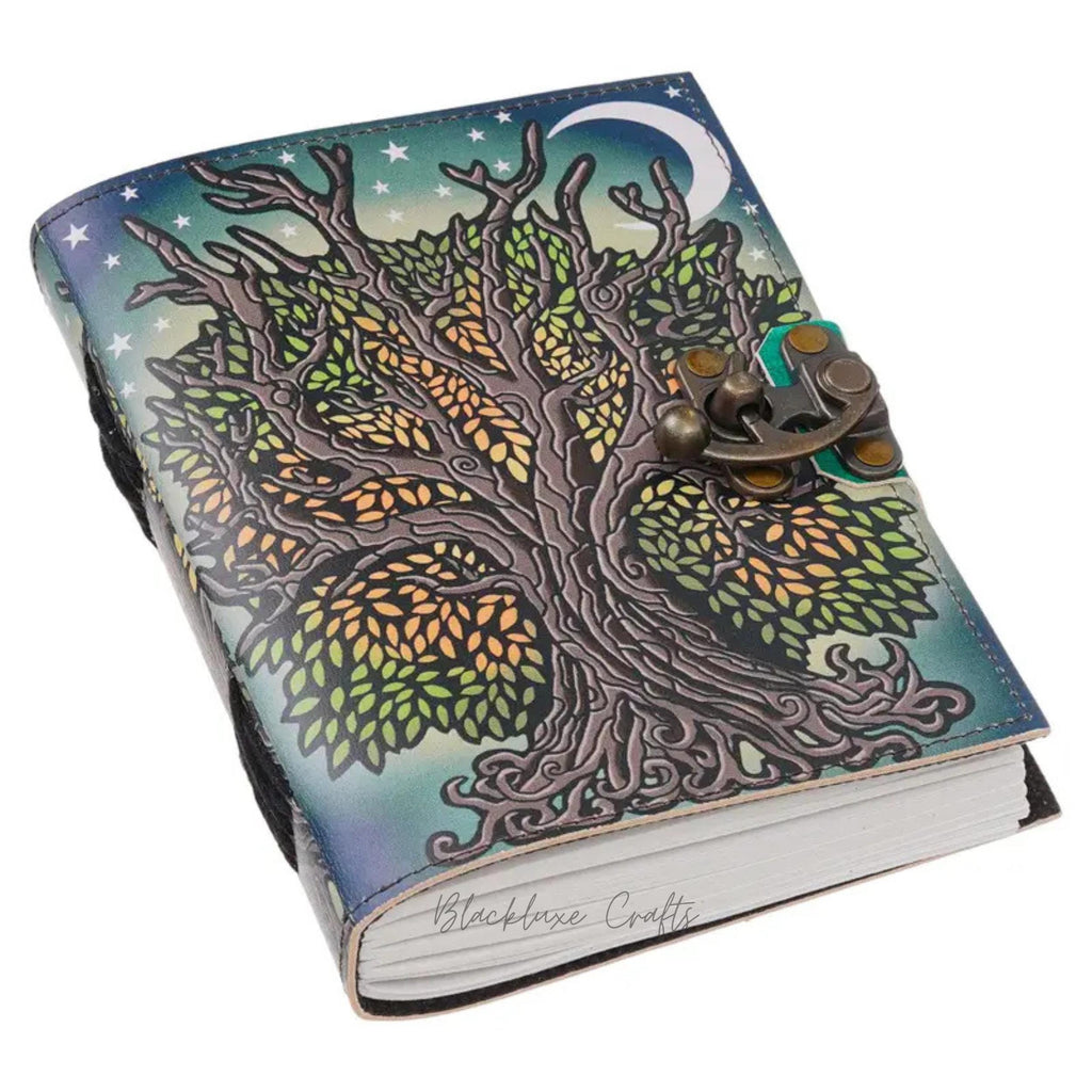 Tree of Life Journal with Lock Pagan Grimoire, Moon & Stars Leather Journal (BLACKLUXE CRAFTS)