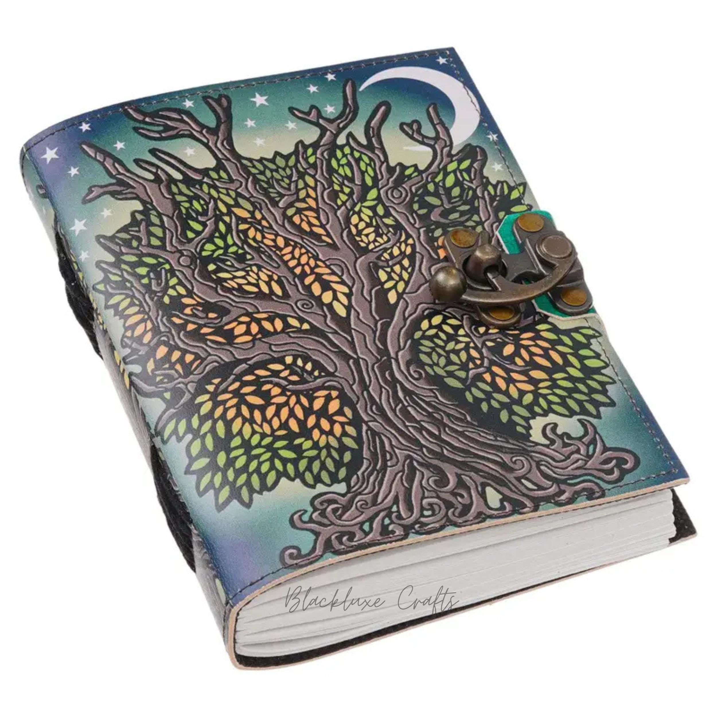 Tree of Life Journal with Lock Pagan Grimoire, Moon & Stars Leather Journal (BLACKLUXE CRAFTS)