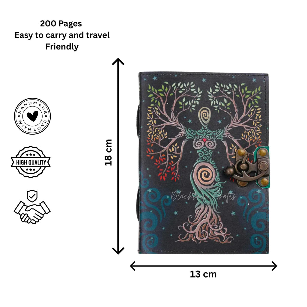 Goddess Tree of Life Vegan Leather Journal Wiccan Grimoire with Clasp Lock (BLACKLUXE CRAFTS)