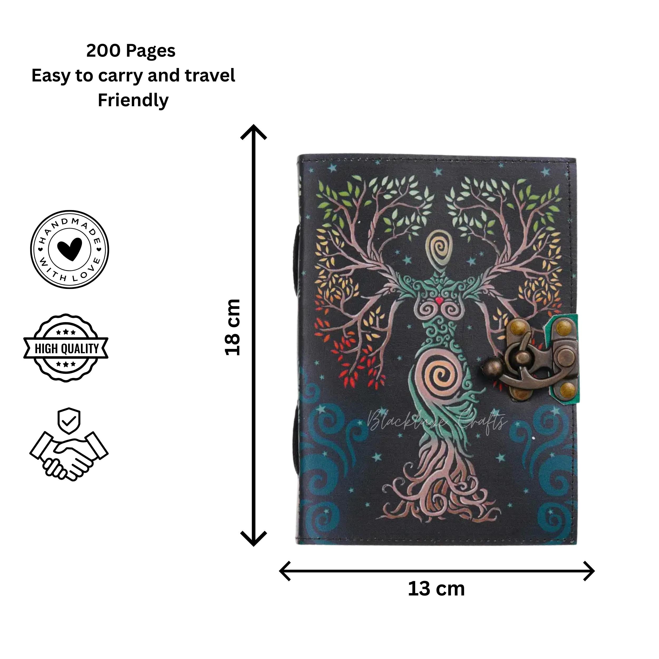 Goddess Tree of Life Vegan Leather Journal Wiccan Grimoire with Clasp Lock (BLACKLUXE CRAFTS)