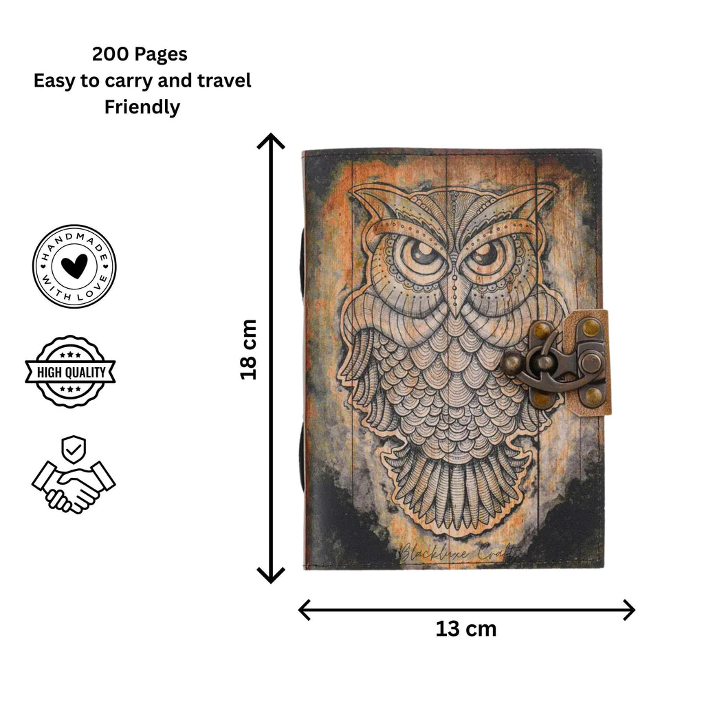 Handmade Leather Owl Journal Vintage Lock Diary, Grimoire Spell Book (BLACKLUXE CRAFTS)