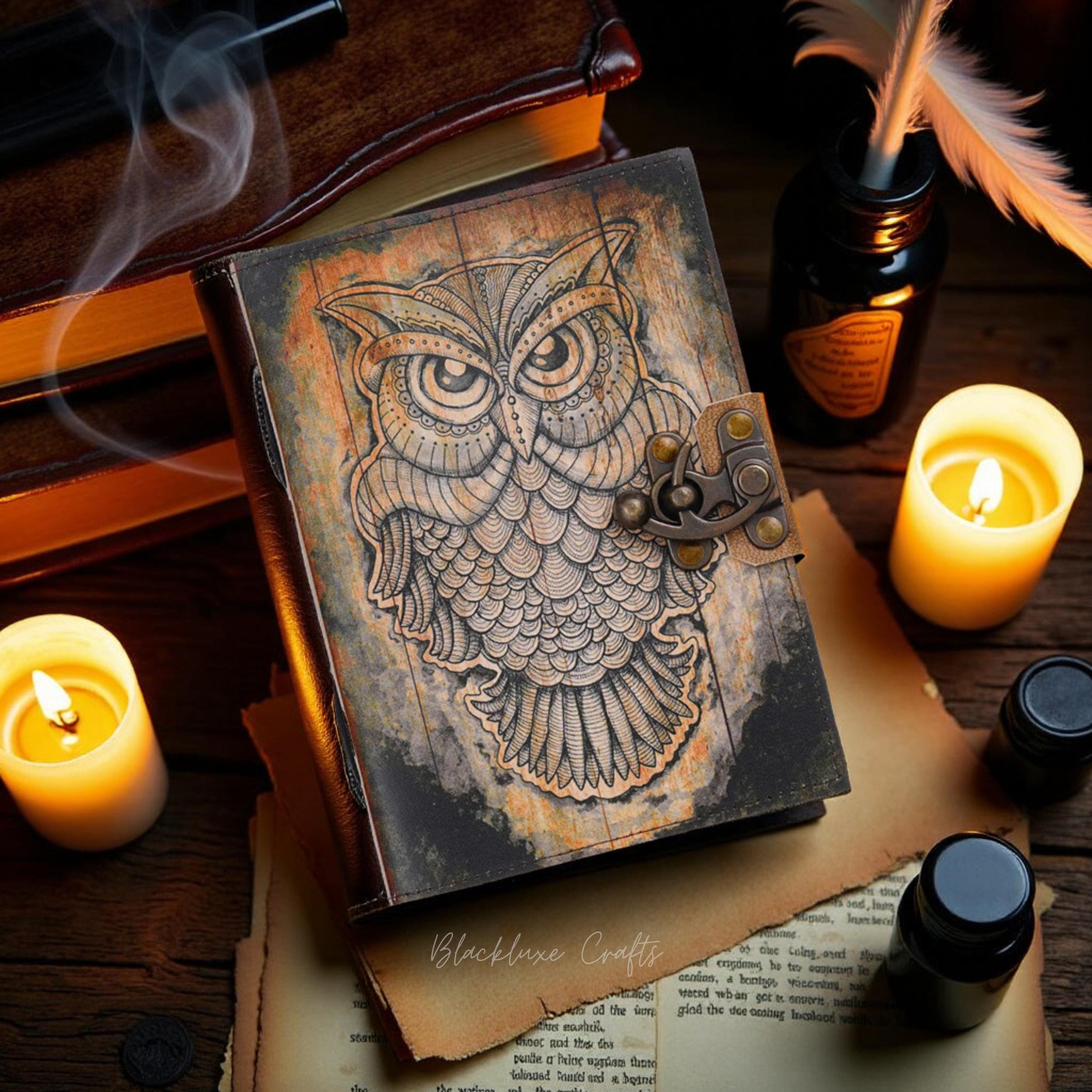 Handmade Leather Owl Journal Vintage Lock Diary, Grimoire Spell Book (BLACKLUXE CRAFTS)