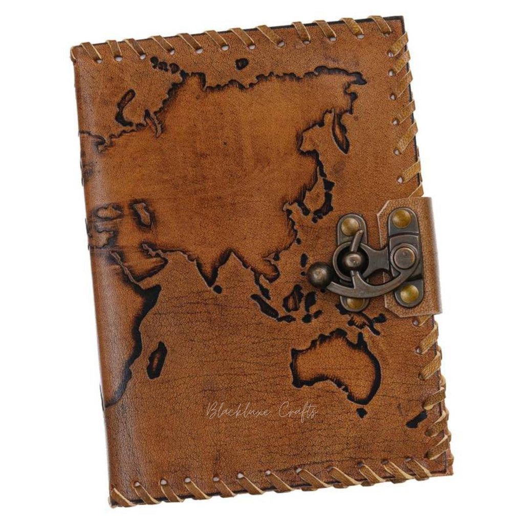 Handmade Leather Travel Journal with World Map Refillable Rustic Diary (BLACKLUXE CRAFTS)