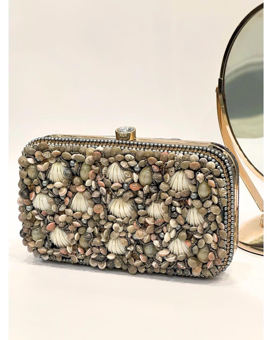 Handcrafted Seashell Beaded Box Clutch – Unique Coastal-Themed Evening Purse for Beach Weddings, Parties & Special Occasions