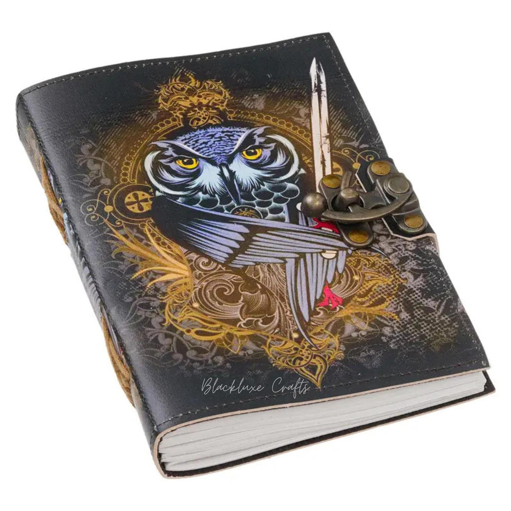Owl Journal with Lock: Gothic Leather Writing Notebook, Handmade Grimoire (BLACKLUXE CRAFTS)