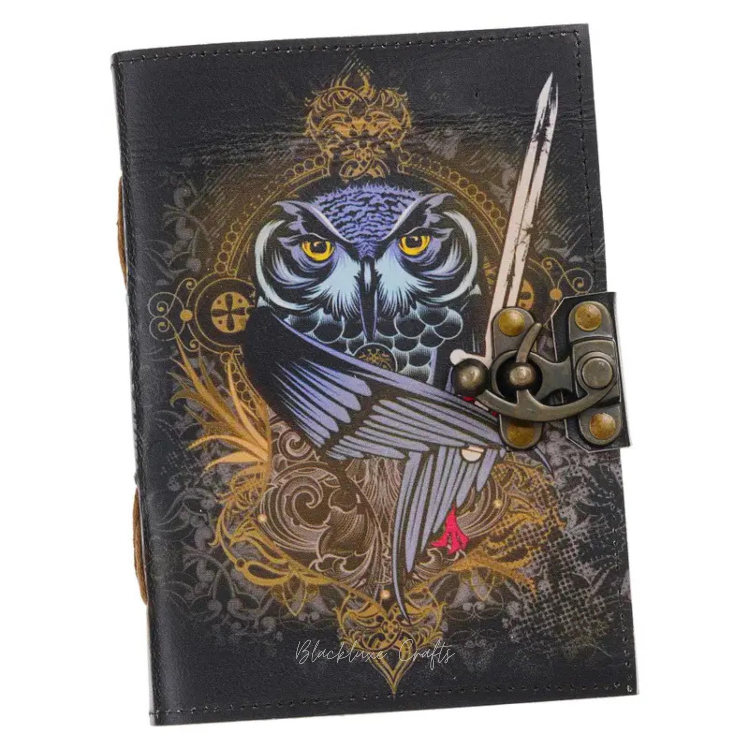 Owl Journal with Lock: Gothic Leather Writing Notebook, Handmade Grimoire (BLACKLUXE CRAFTS)