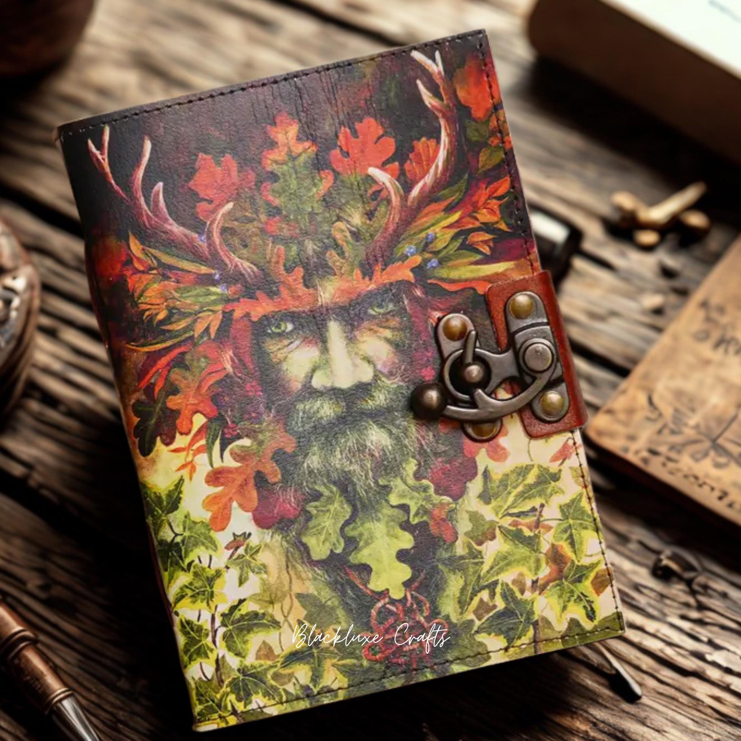 Green Man Leather Journal with Clasp Pagan Grimoire, Celtic Diary (BLACKLUXE CRAFTS)