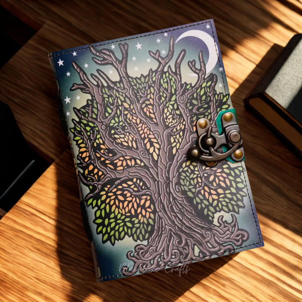 Tree of Life Journal with Lock Pagan Grimoire, Moon & Stars Leather Journal (BLACKLUXE CRAFTS)