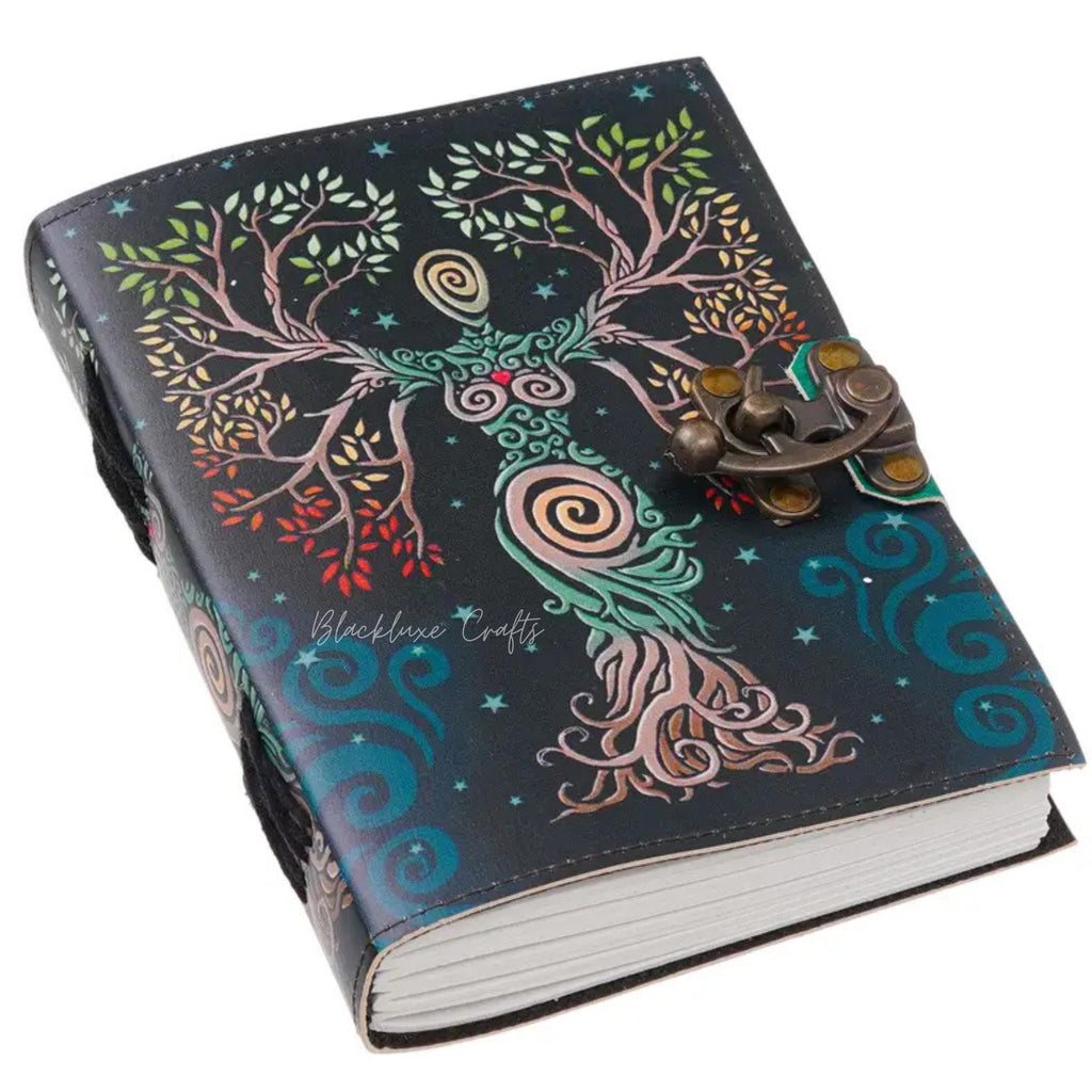 Goddess Tree of Life Vegan Leather Journal Wiccan Grimoire with Clasp Lock (BLACKLUXE CRAFTS)