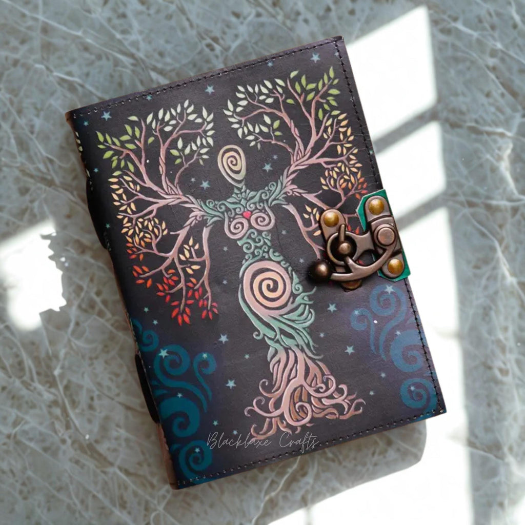 Goddess Tree of Life Vegan Leather Journal Wiccan Grimoire with Clasp Lock (BLACKLUXE CRAFTS)