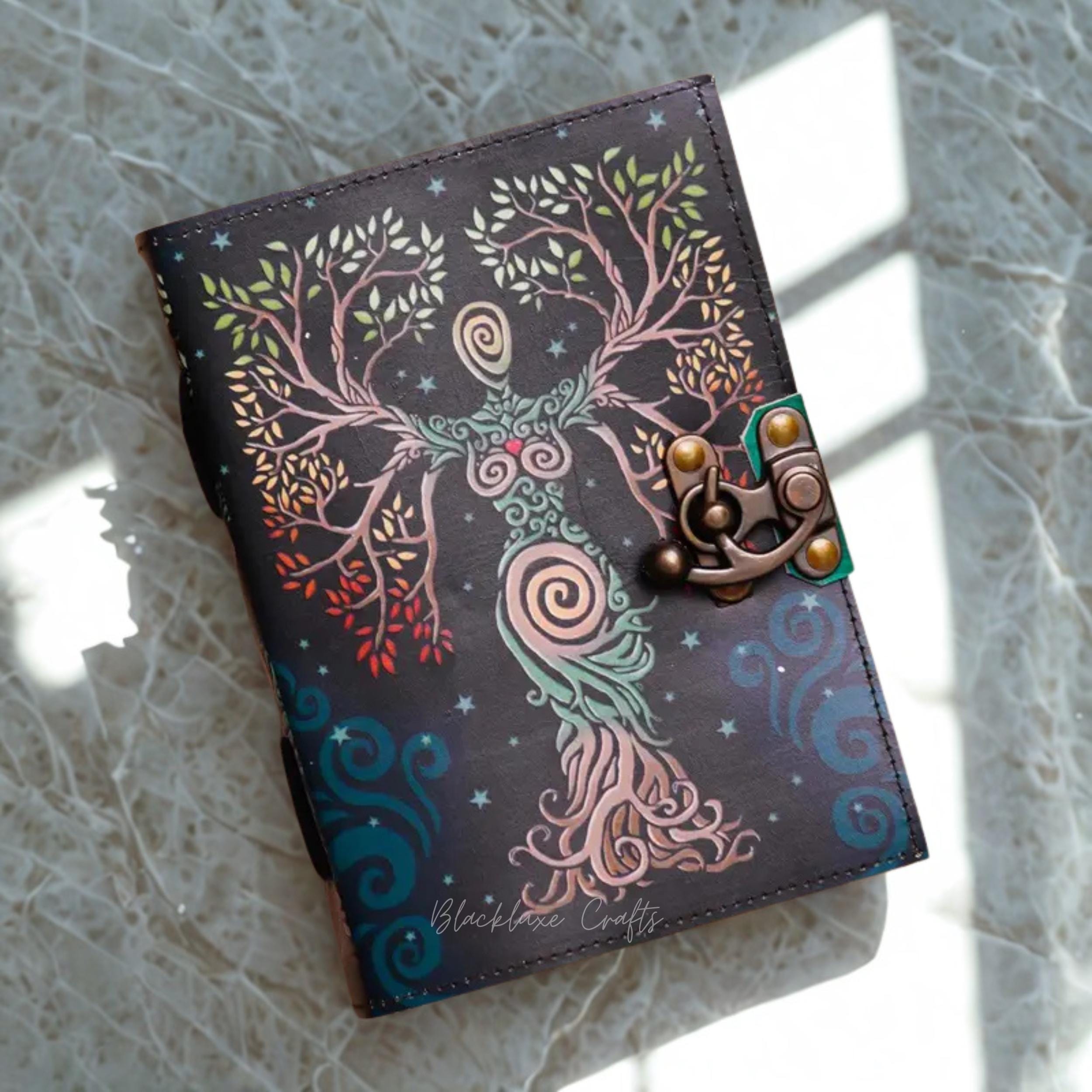 Goddess Tree of Life Vegan Leather Journal Wiccan Grimoire with Clasp Lock (BLACKLUXE CRAFTS)