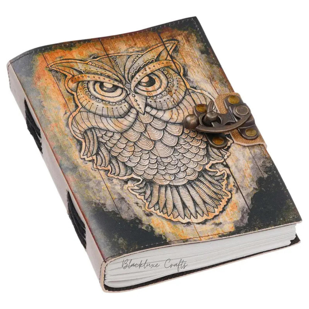 Handmade Leather Owl Journal Vintage Lock Diary, Grimoire Spell Book (BLACKLUXE CRAFTS)