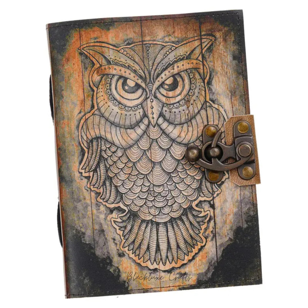 Handmade Leather Owl Journal Vintage Lock Diary, Grimoire Spell Book (BLACKLUXE CRAFTS)
