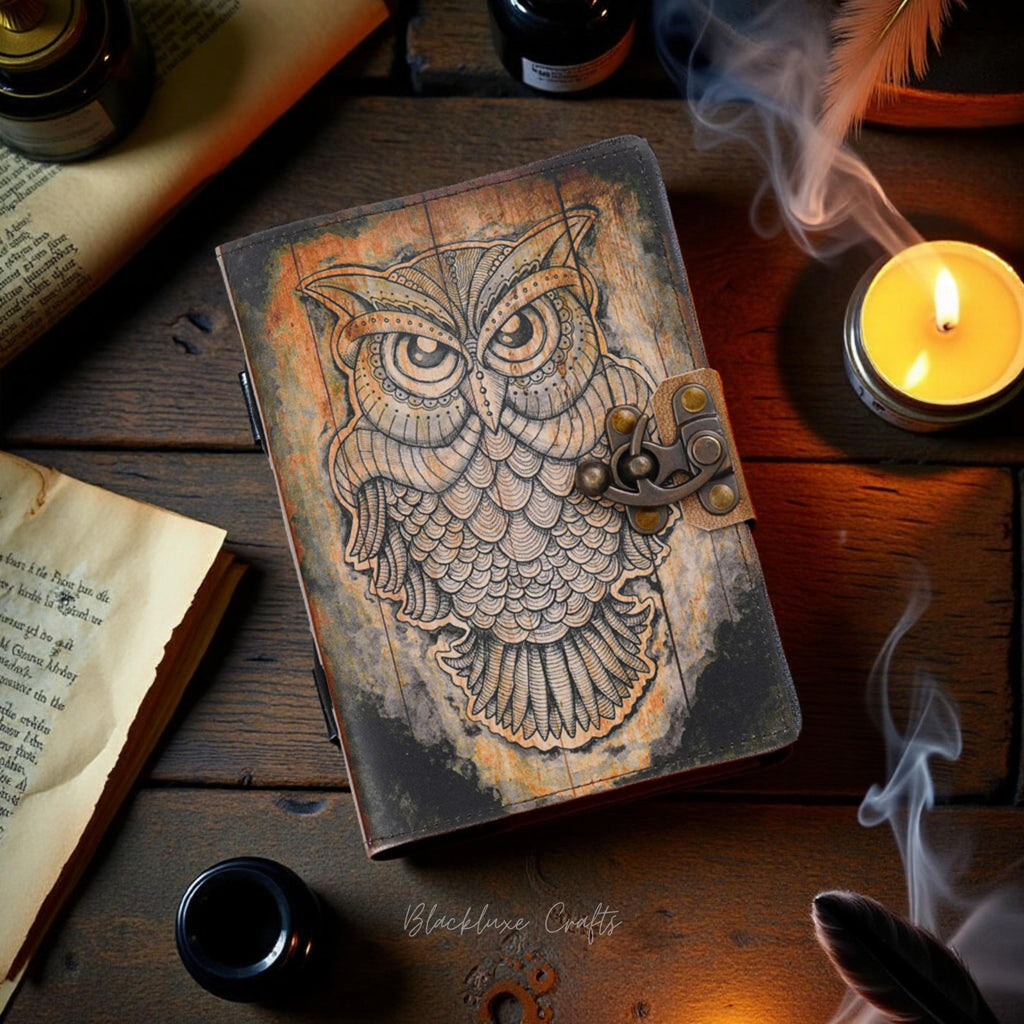 Handmade Leather Owl Journal Vintage Lock Diary, Grimoire Spell Book (BLACKLUXE CRAFTS)