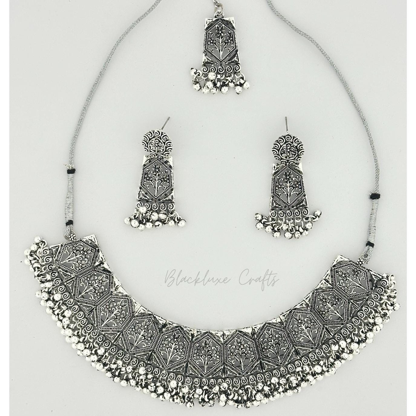 Traditional Oxidized Silver Plated Jewelry Set – Handcrafted Statement Necklace with Matching Earrings & Maang Tikka for Women’s Ethnic & Festive Wear (BLACKLUXE CRAFTS)