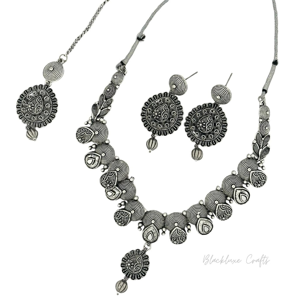 Traditional Oxidized Silver Jewelry Set – Handcrafted Necklace with Matching Earrings & Maang Tikka for Women’s Ethnic & Festive Wear (BLACKLUXE CRAFTS)